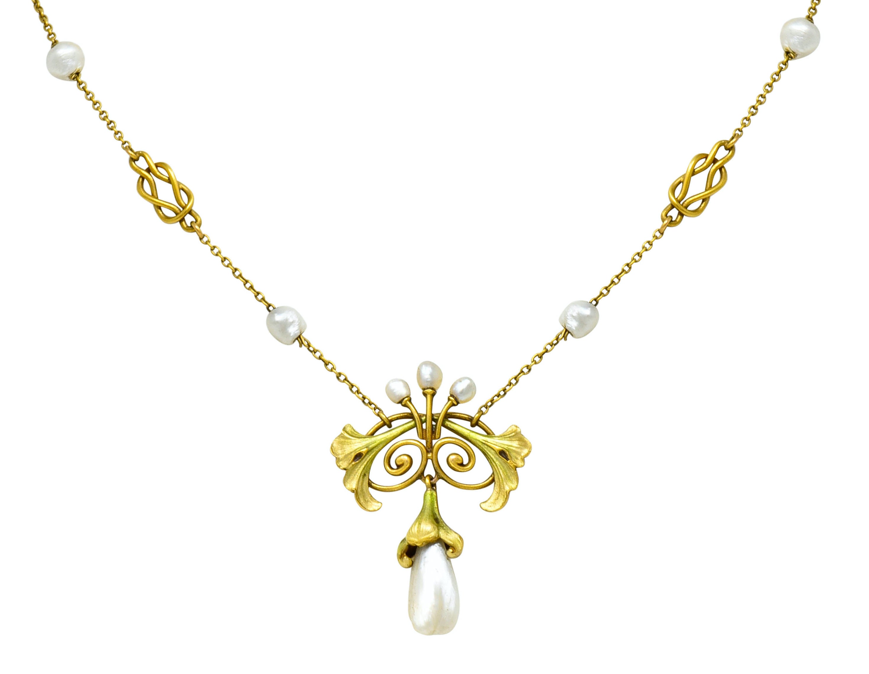 Bippart & Co. Art Nouveau Baroque Pearl Enamel 14 Karat Gold Drop Necklace - Wilson's Estate Jewelry