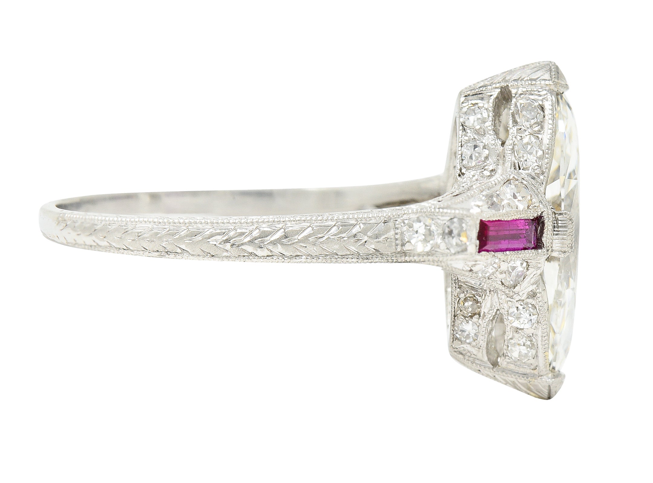 Art Deco 1.98 CTW Marquise Cut Diamond Ruby Platinum Wheat Engagement Ring Wilson's Estate Jewelry