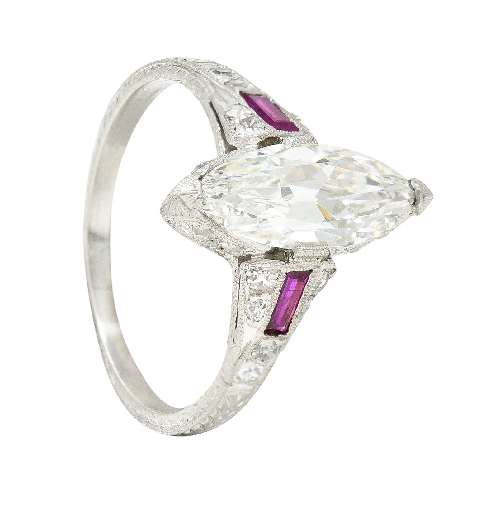 Art Deco 1.98 CTW Marquise Cut Diamond Ruby Platinum Wheat Engagement Ring Wilson's Estate Jewelry