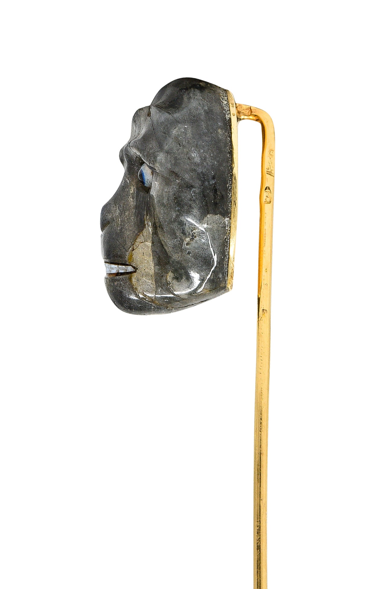 1890's Victorian Labradorite Glass 14 Karat Yellow Gold Gorilla Antique Stickpin Wilson's Estate Jewelry