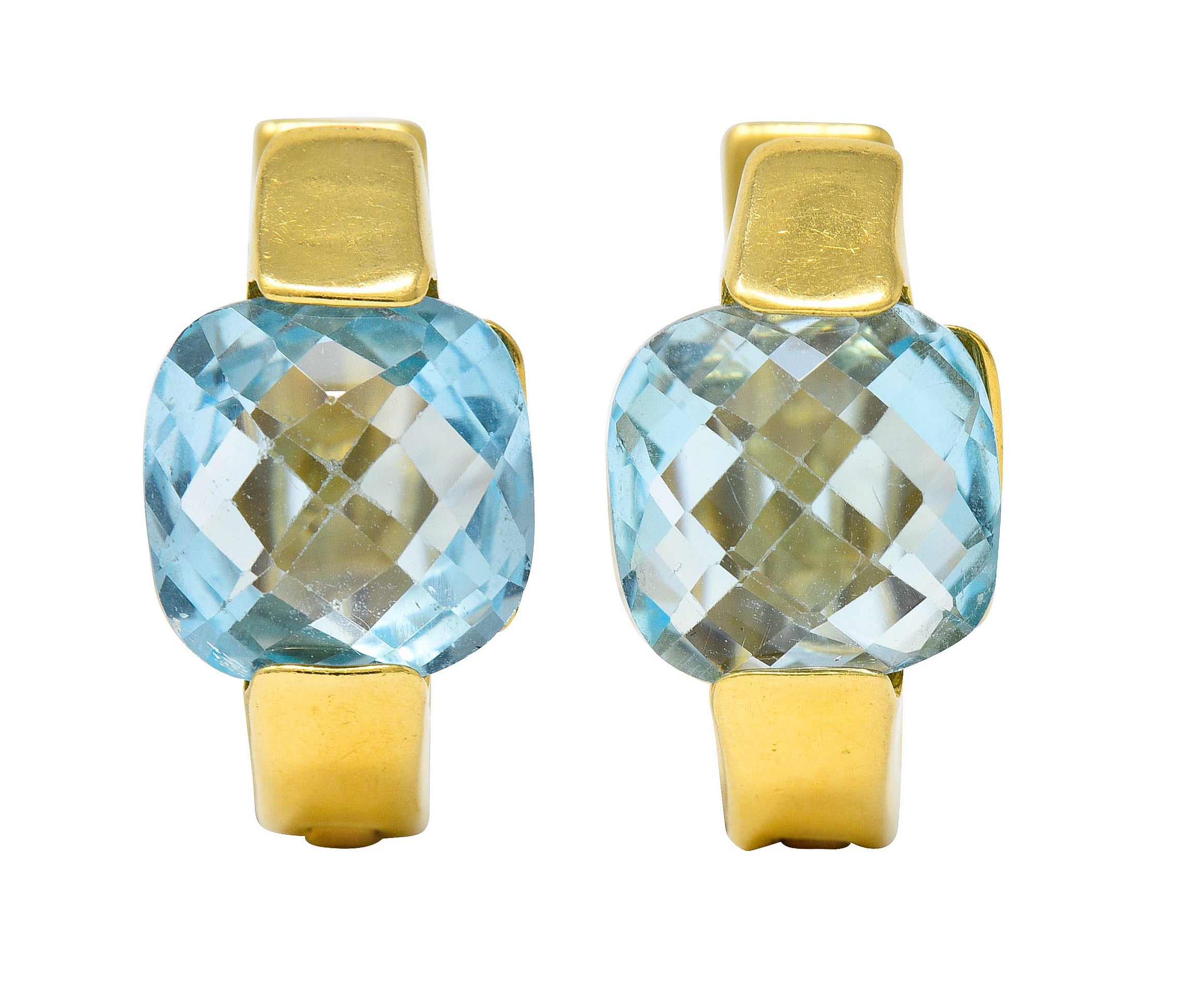 Italian Checkerboard Cut Blue Topaz 18 Karat Gold Huggie EarringsEarrings - Wilson's Estate Jewelry