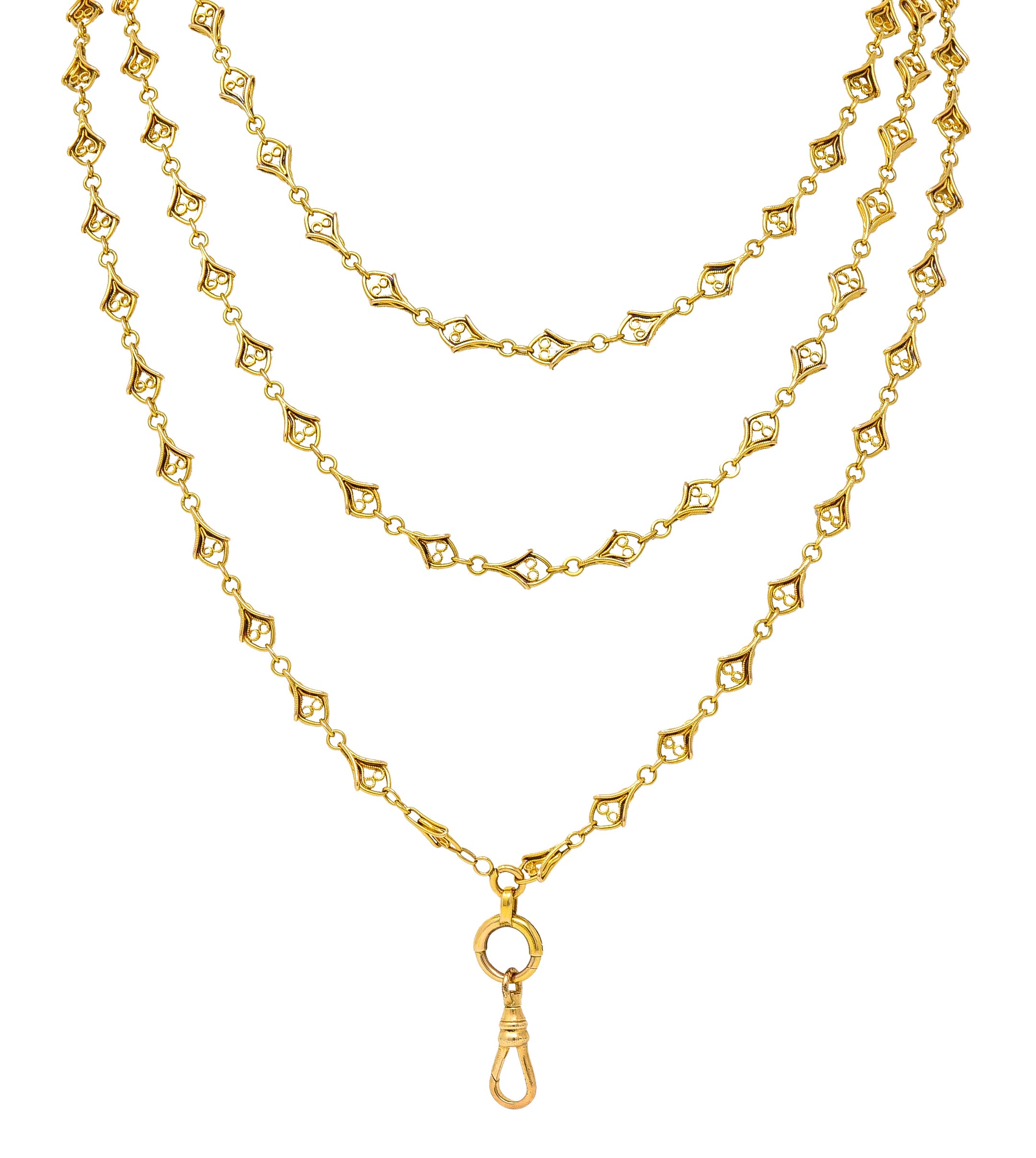 French Victorian 18 Karat Yellow Gold Heart 62 Inch Long Antique Chain Necklace Wilson's Estate Jewelry