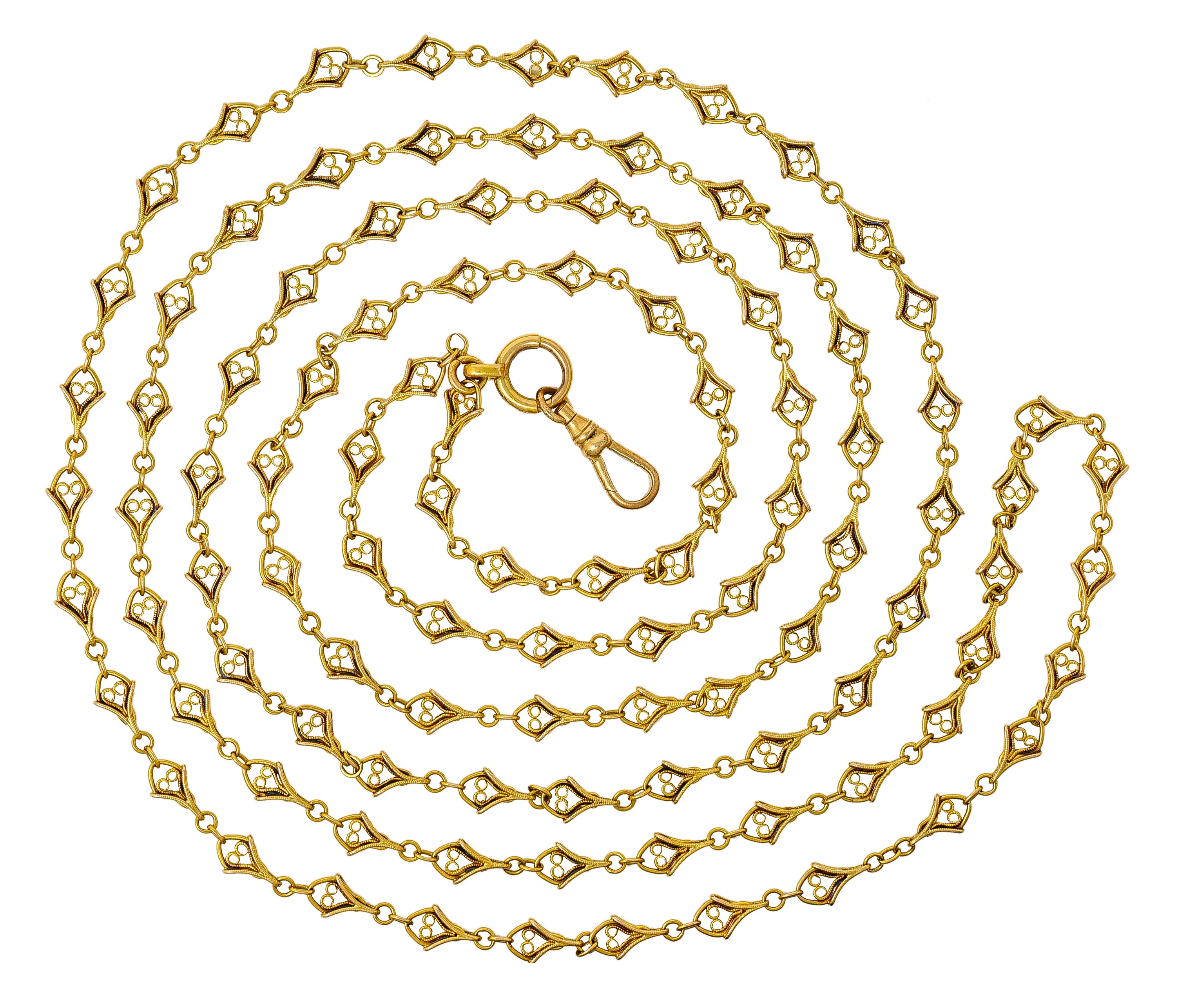 French Victorian 18 Karat Yellow Gold Heart 62 Inch Long Antique Chain Necklace Wilson's Estate Jewelry