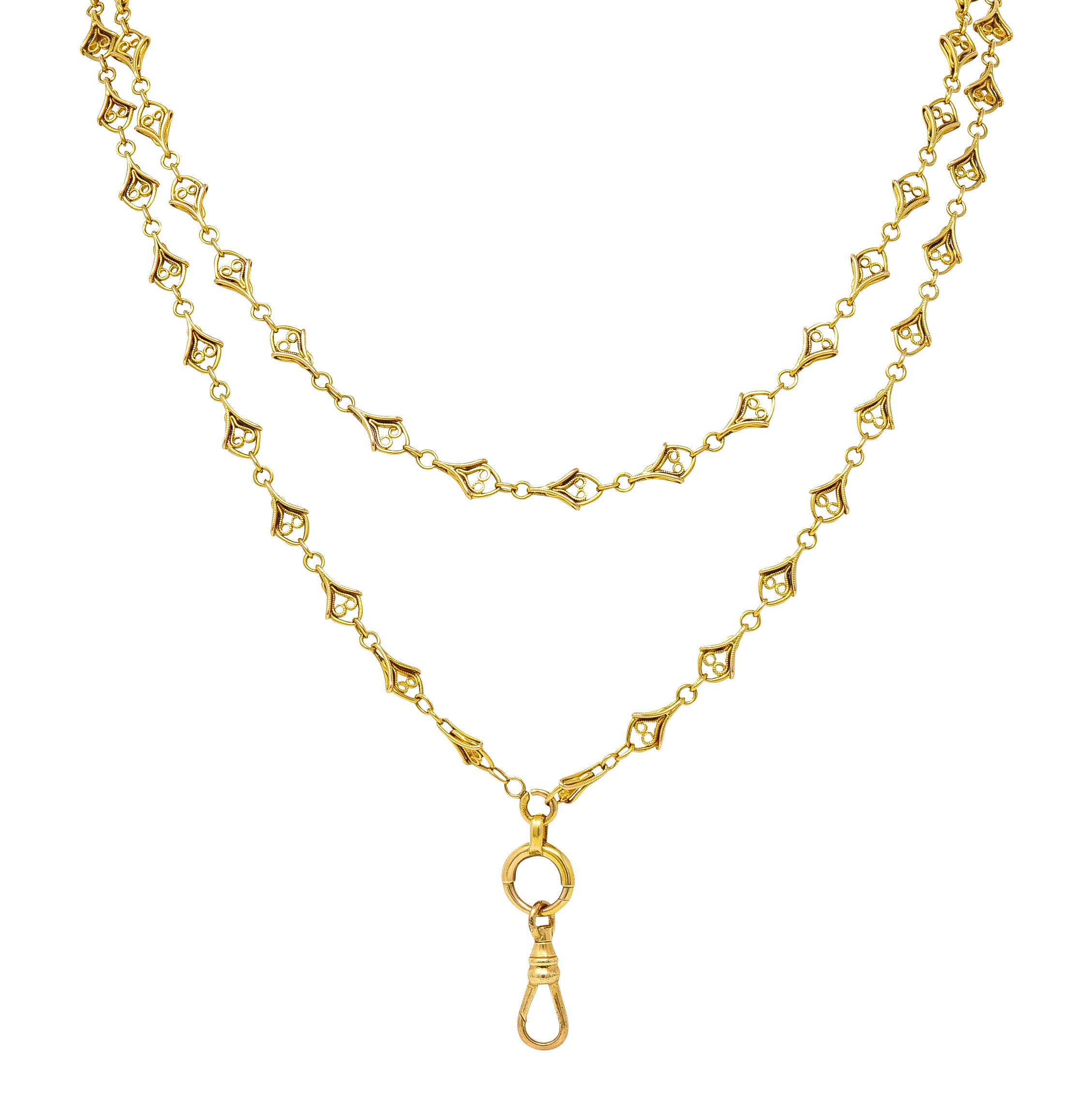 French Victorian 18 Karat Yellow Gold Heart 62 Inch Long Antique Chain Necklace Wilson's Estate Jewelry