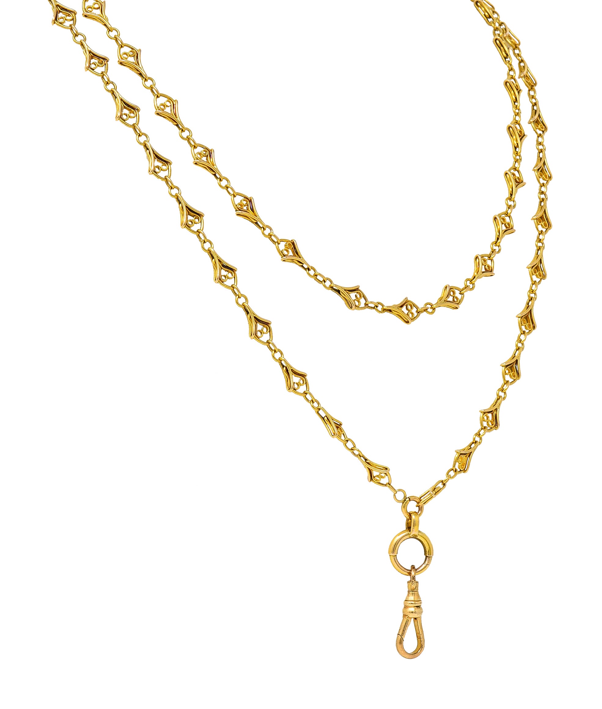 French Victorian 18 Karat Yellow Gold Heart 62 Inch Long Antique Chain Necklace Wilson's Estate Jewelry