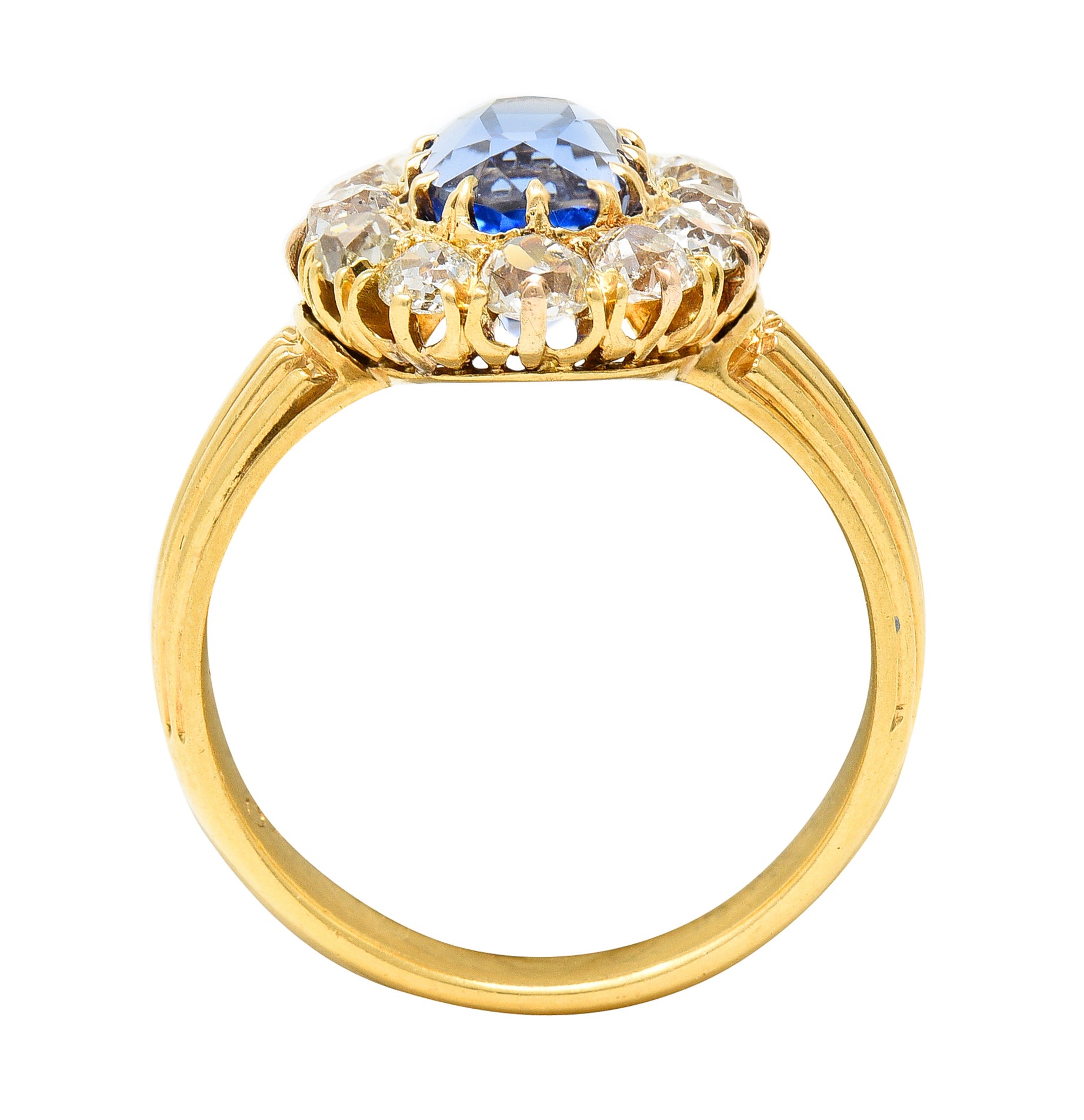 1867 Victorian 4.16 CTW Oval Cut No Heat Ceylon Sapphire Old Mine Cut Diamond 18 Karat Yellow Gold Antique Halo Ring GIA Wilson's Estate Jewelry