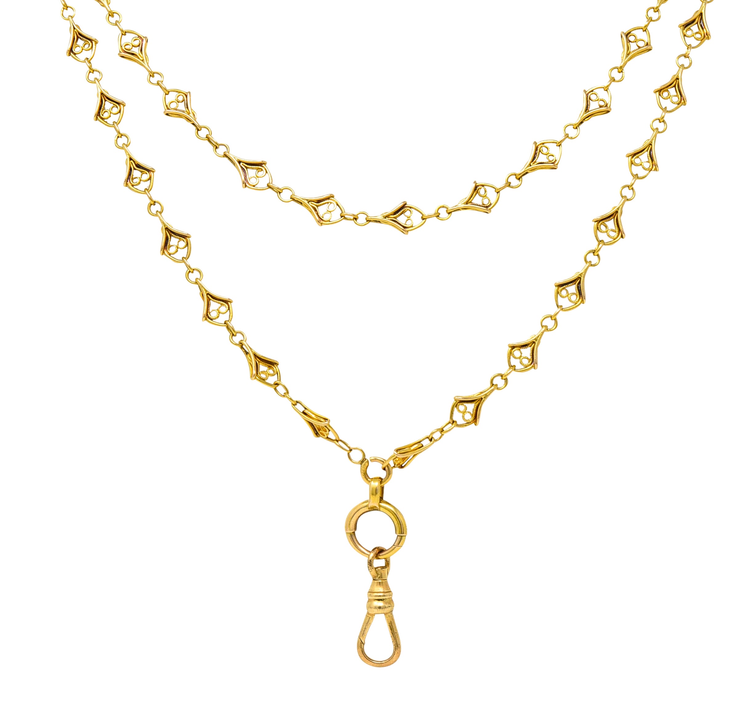 French Victorian 18 Karat Yellow Gold Heart 62 Inch Long Antique Chain Necklace Wilson's Estate Jewelry