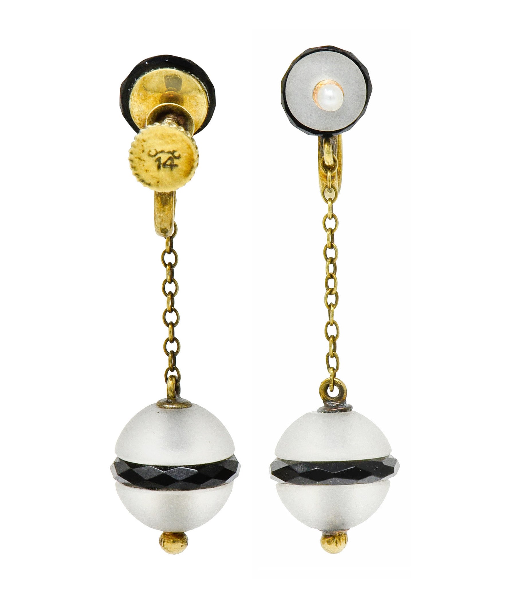 Art Nouveau Onyx Rock Crystal Pearl 14 Karat Gold Drop Earrings - Wilson's Estate Jewelry