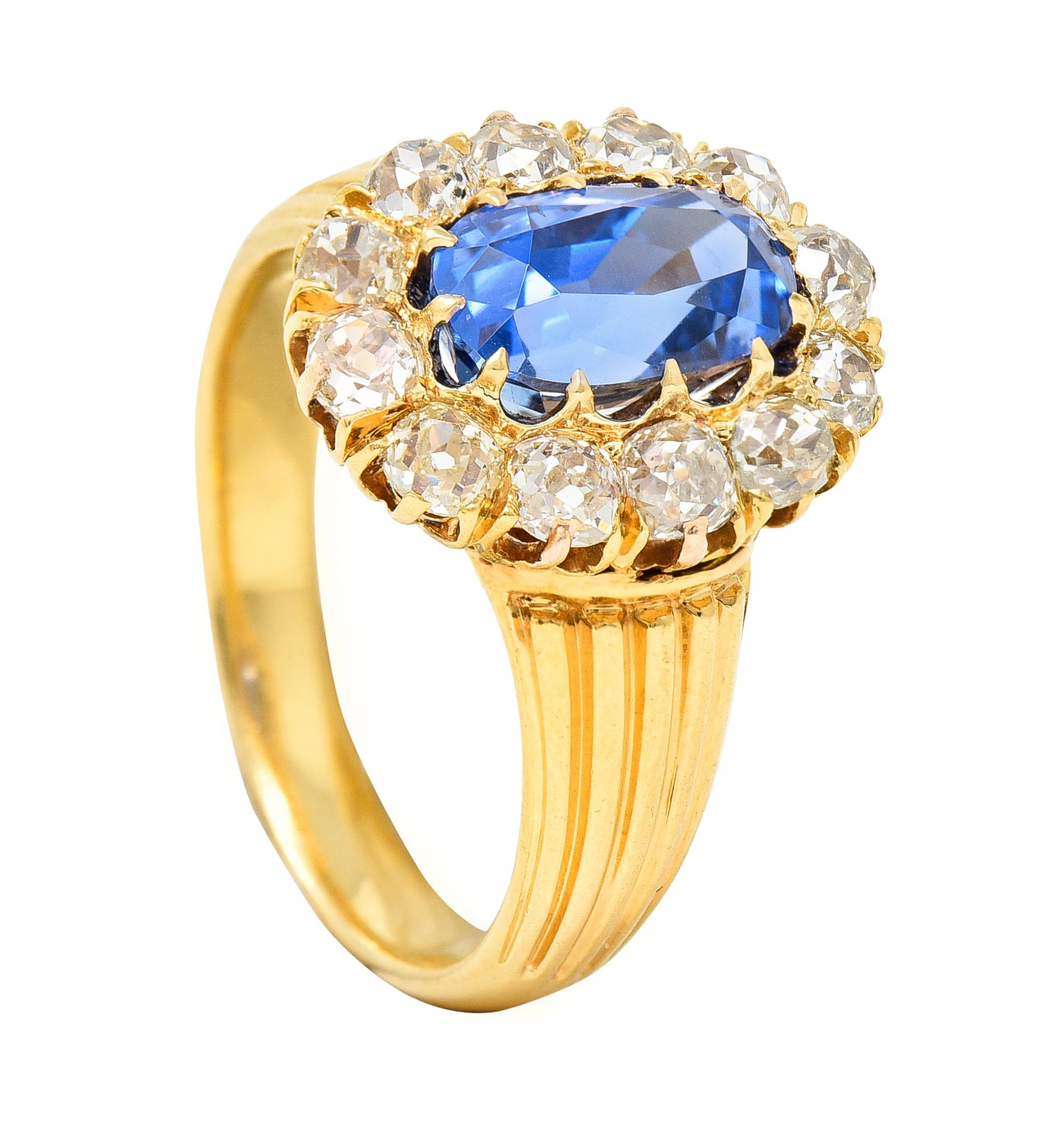 1867 Victorian 4.16 CTW Oval Cut No Heat Ceylon Sapphire Old Mine Cut Diamond 18 Karat Yellow Gold Antique Halo Ring GIA Wilson's Estate Jewelry