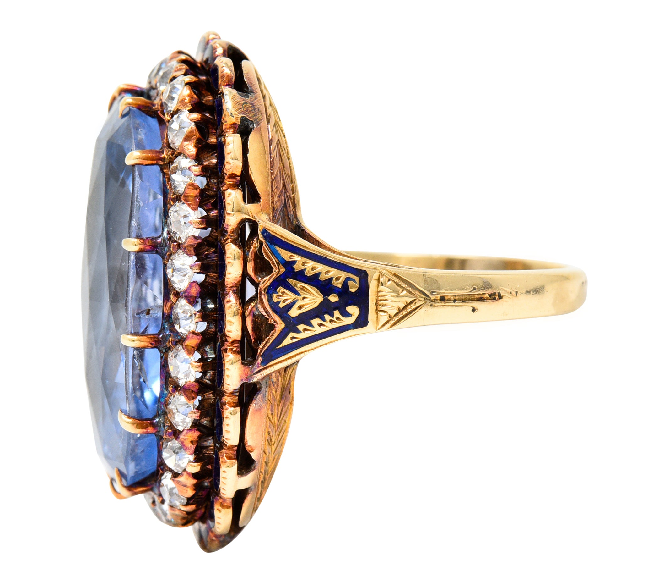 Art Deco 25.39 CTW Cushion Cut No-Heat Ceylon Sapphire Old European Cut Diamond 14 Karat Yellow Gold Enamel Laurel Antique Halo Ring GIA Wilson's Estate Jewelry