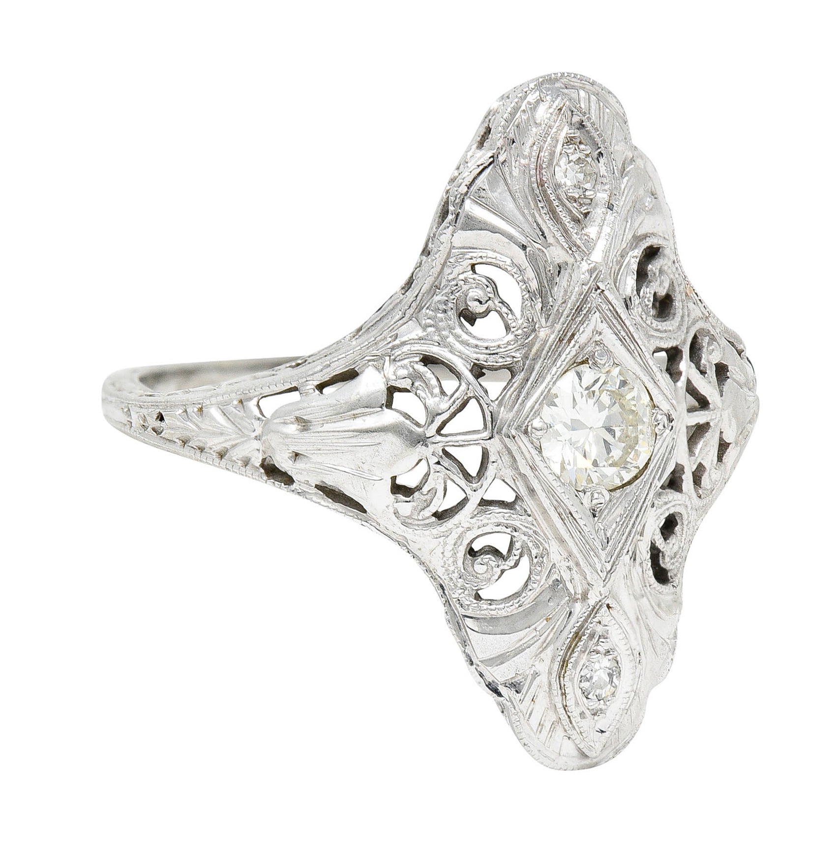 1920's Art Deco 0.30 CTW Diamond 18 Karat White Gold Lotus Dinner RingRing - Wilson's Estate Jewelry