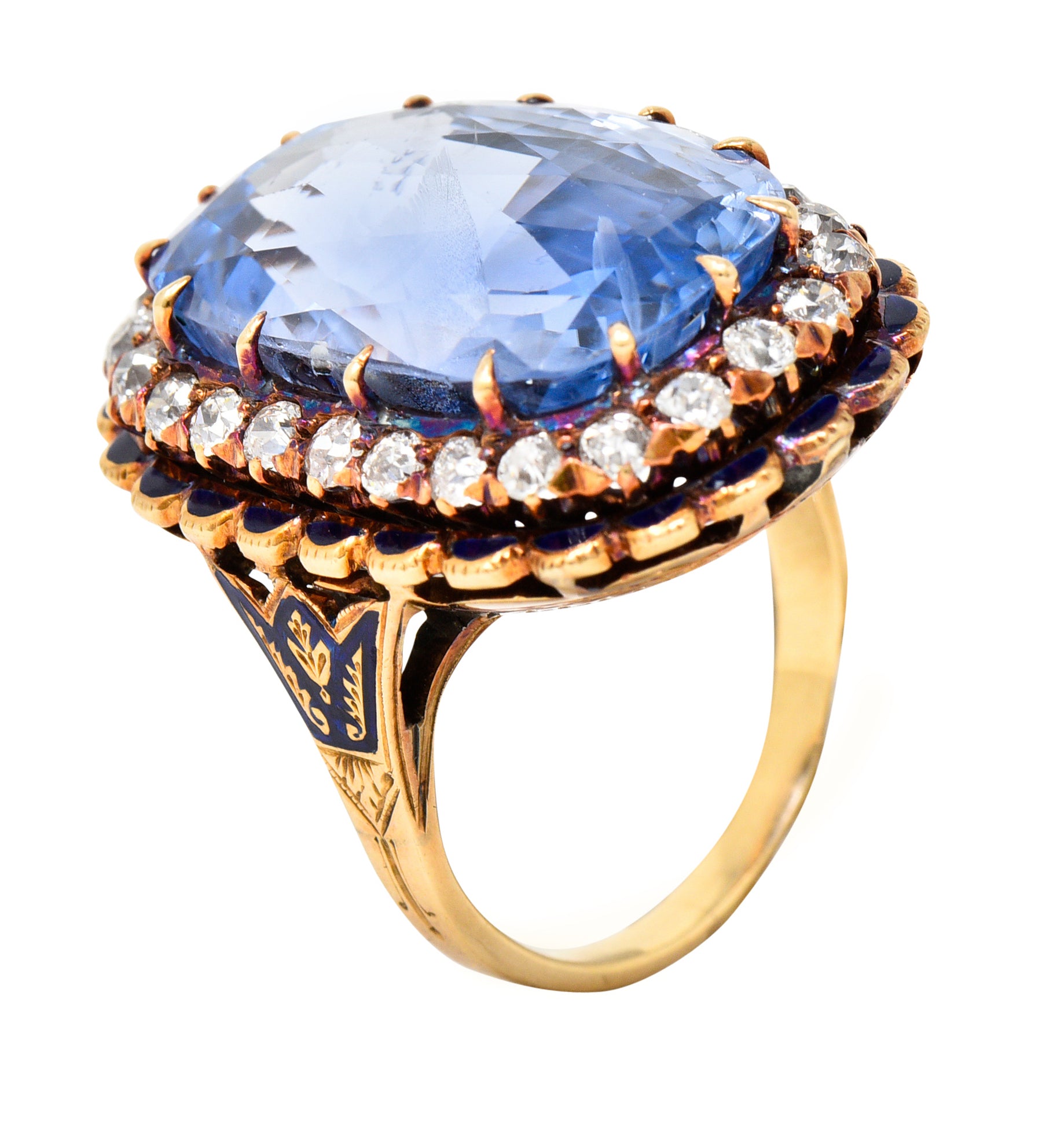 Art Deco 25.39 CTW Cushion Cut No-Heat Ceylon Sapphire Old European Cut Diamond 14 Karat Yellow Gold Enamel Laurel Antique Halo Ring GIA Wilson's Estate Jewelry