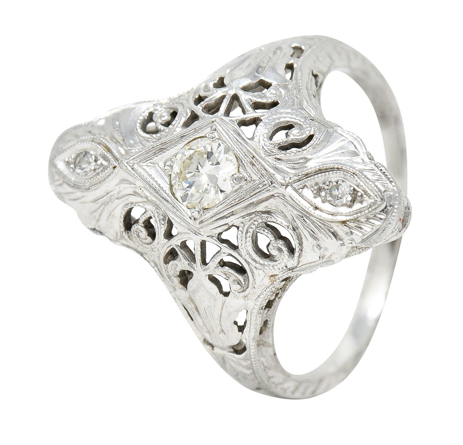 1920's Art Deco 0.30 CTW Diamond 18 Karat White Gold Lotus Dinner RingRing - Wilson's Estate Jewelry