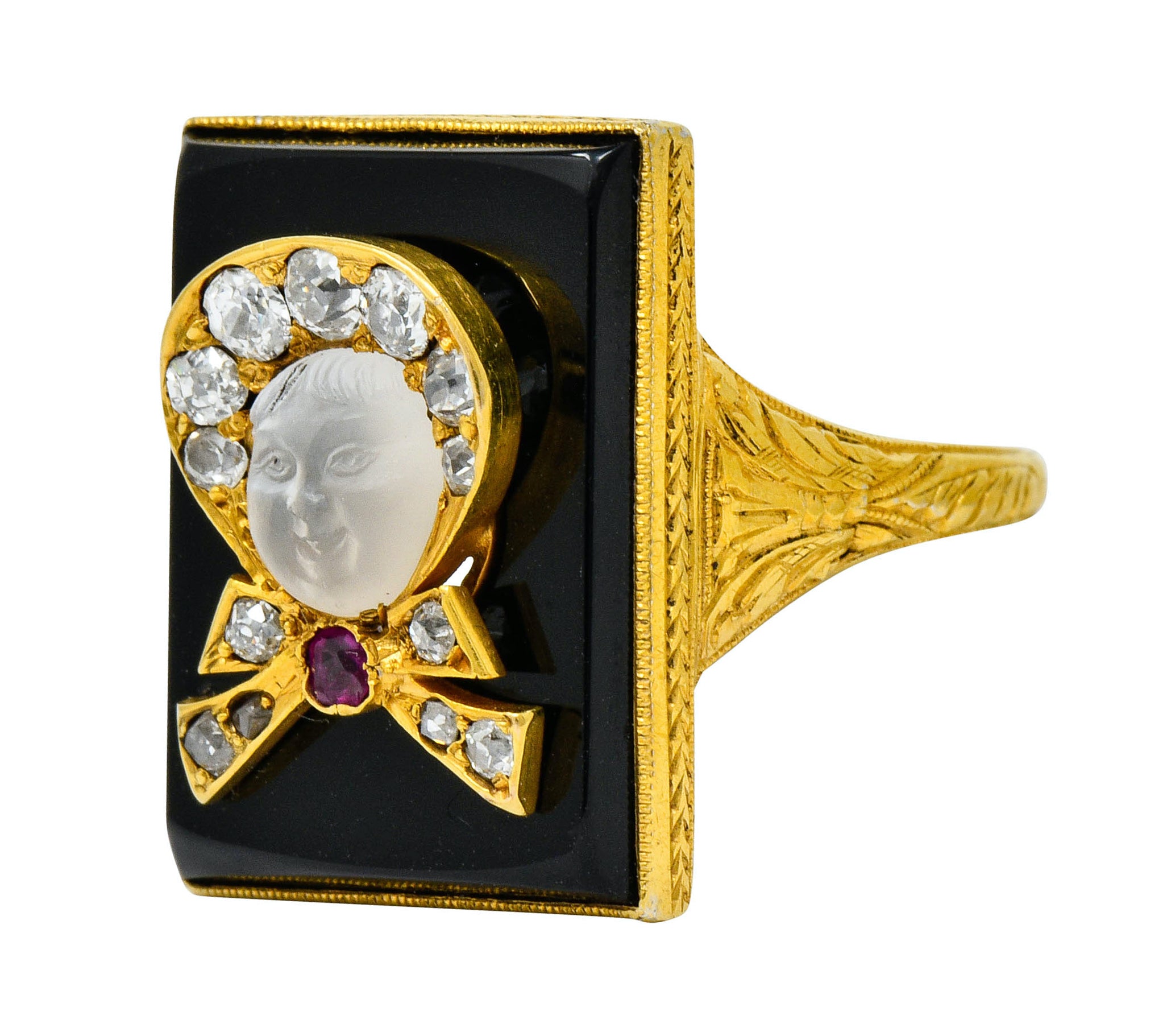 Victorian Moonstone Diamond Ruby Onyx Platinum Gold Carved Baby Face Ring - Wilson's Estate Jewelry