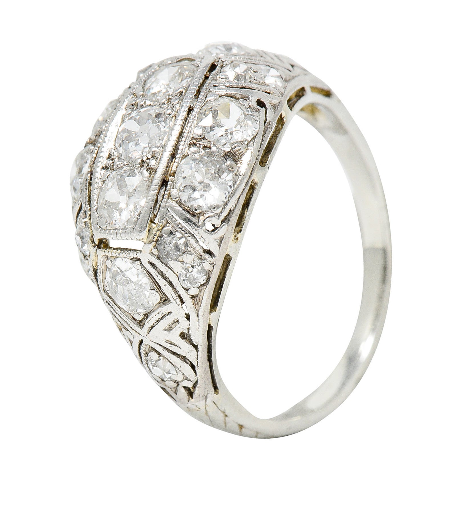 Edwardian 1.55 CTW Diamond 18 Karat White Gold Bombe Band RingRing - Wilson's Estate Jewelry