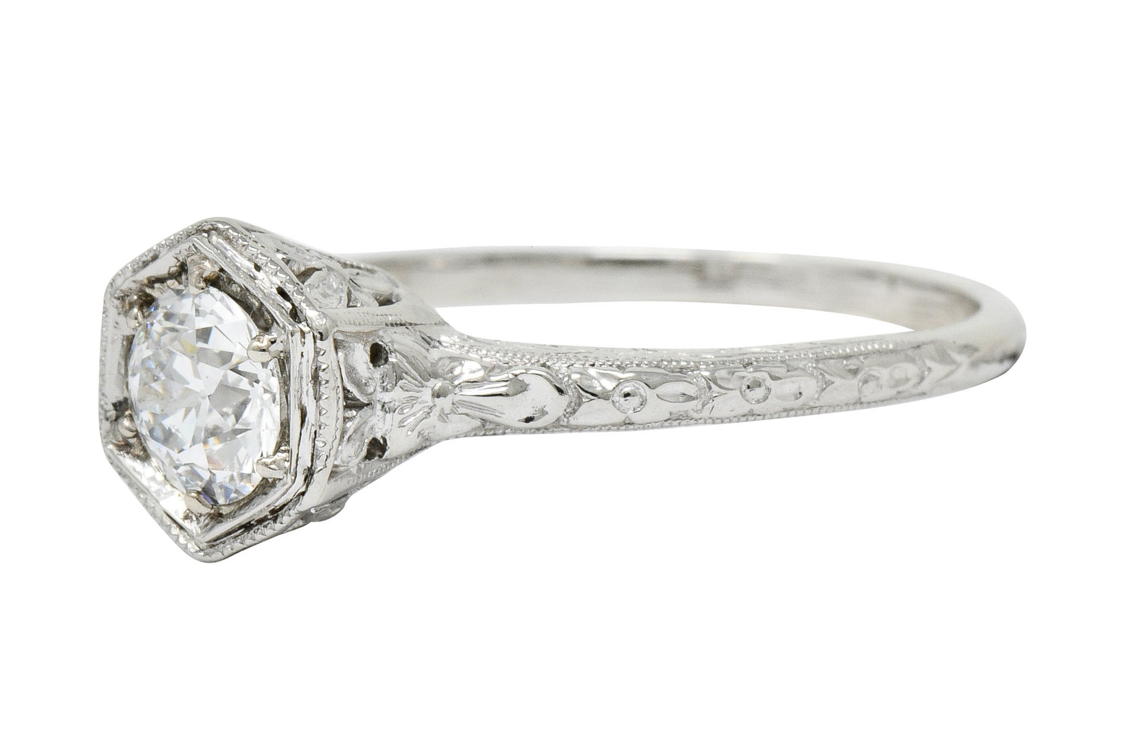 Edwardian 0.65 CTW Diamond Platinum Floral Hexagonal Engagement Ring - Wilson's Estate Jewelry