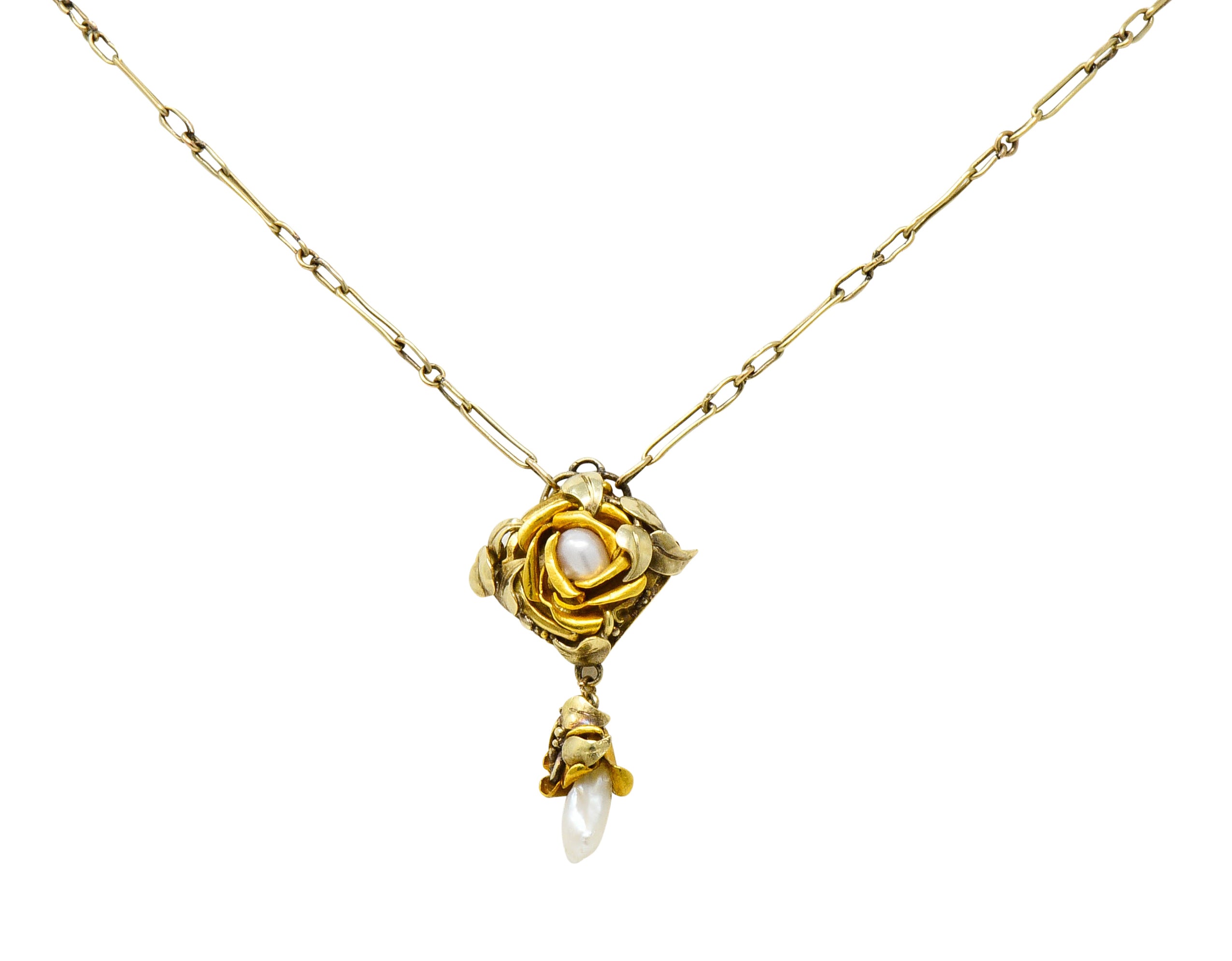 Arts & Crafts Pearl 14 Karat Two-Tone Gold Rose Drop NecklaceNecklace - Wilson's Estate Jewelry