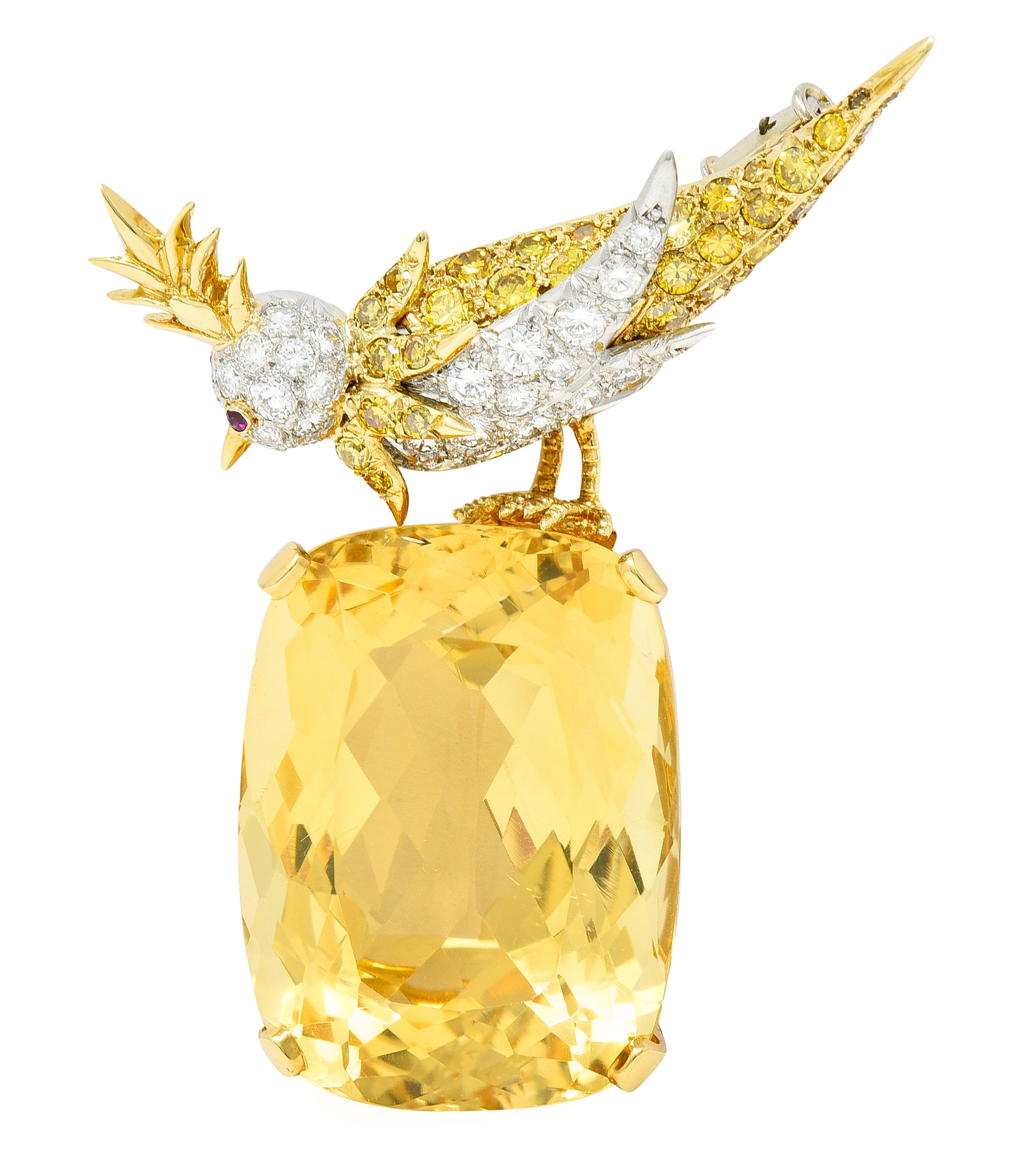 Schlumberger Tiffany & Co. Citrine Yellow Diamond Ruby Platinum 18 Karat Yellow Gold Vintage Bird On A Rock Brooch Wilson's Estate Jewelry