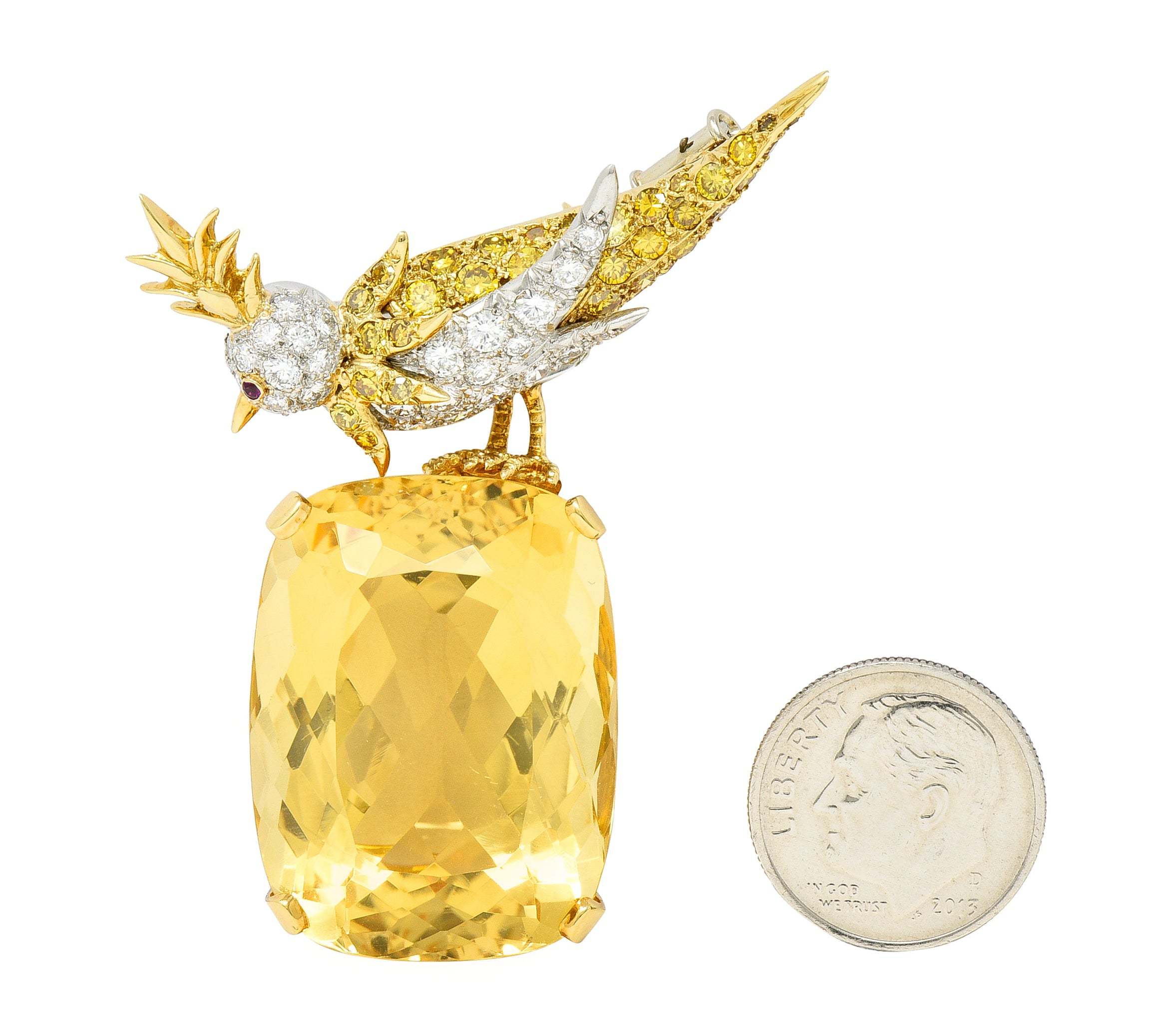 Schlumberger Tiffany & Co. Citrine Yellow Diamond Ruby Platinum 18 Karat Yellow Gold Vintage Bird On A Rock Brooch Wilson's Estate Jewelry