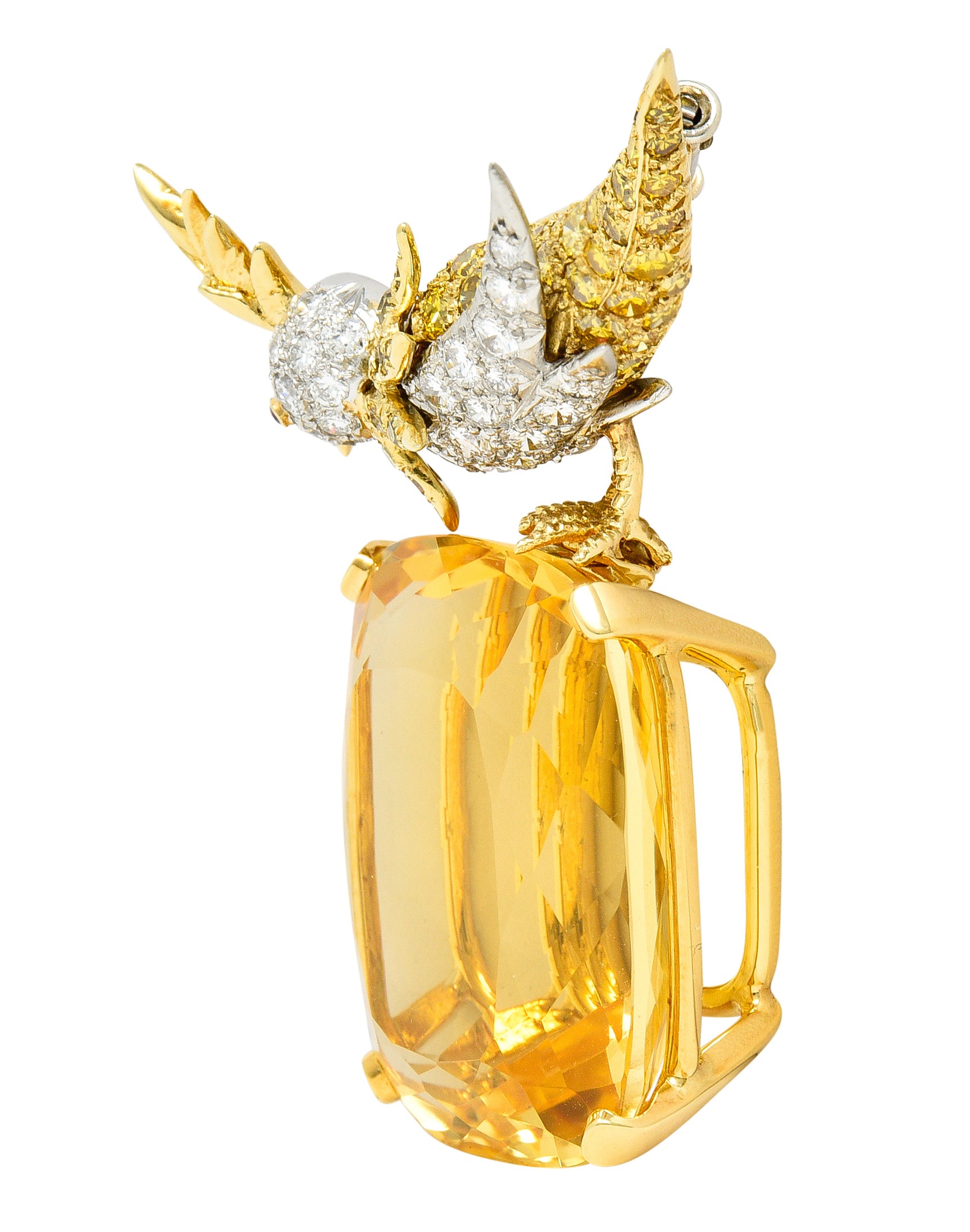 Schlumberger Tiffany & Co. Citrine Yellow Diamond Ruby Platinum 18 Karat Yellow Gold Vintage Bird On A Rock Brooch Wilson's Estate Jewelry