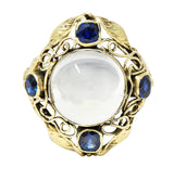 Arts & Crafts Moonstone 1.00 CTW Sapphire 14 Karat Green Gold Floral RingRing - Wilson's Estate Jewelry