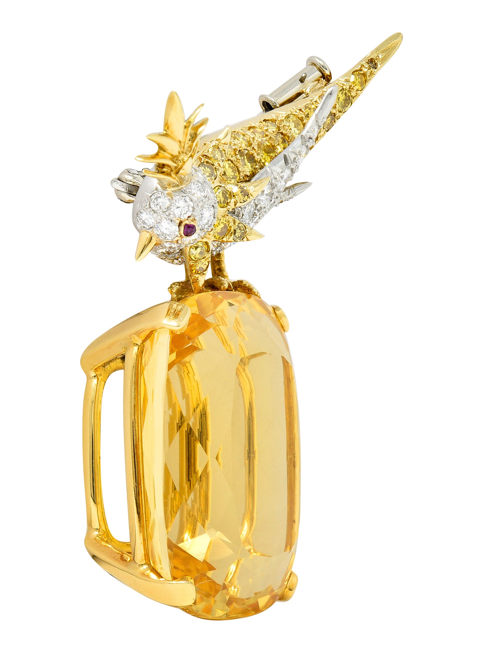 Schlumberger Tiffany & Co. Citrine Yellow Diamond Ruby Platinum 18 Karat Yellow Gold Vintage Bird On A Rock Brooch Wilson's Estate Jewelry