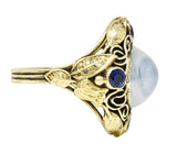 Arts & Crafts Moonstone 1.00 CTW Sapphire 14 Karat Green Gold Floral RingRing - Wilson's Estate Jewelry