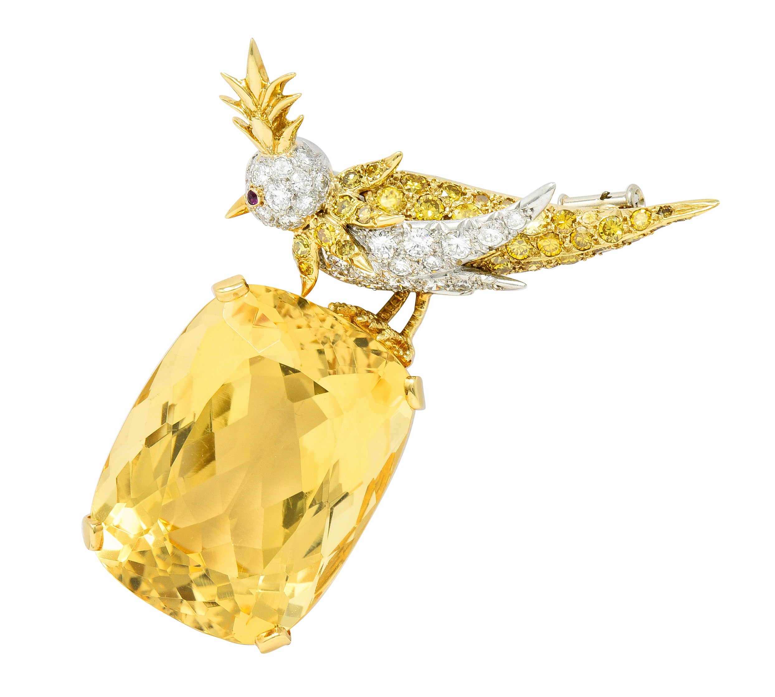 Schlumberger Tiffany & Co. Citrine Yellow Diamond Ruby Platinum 18 Karat Yellow Gold Vintage Bird On A Rock Brooch Wilson's Estate Jewelry