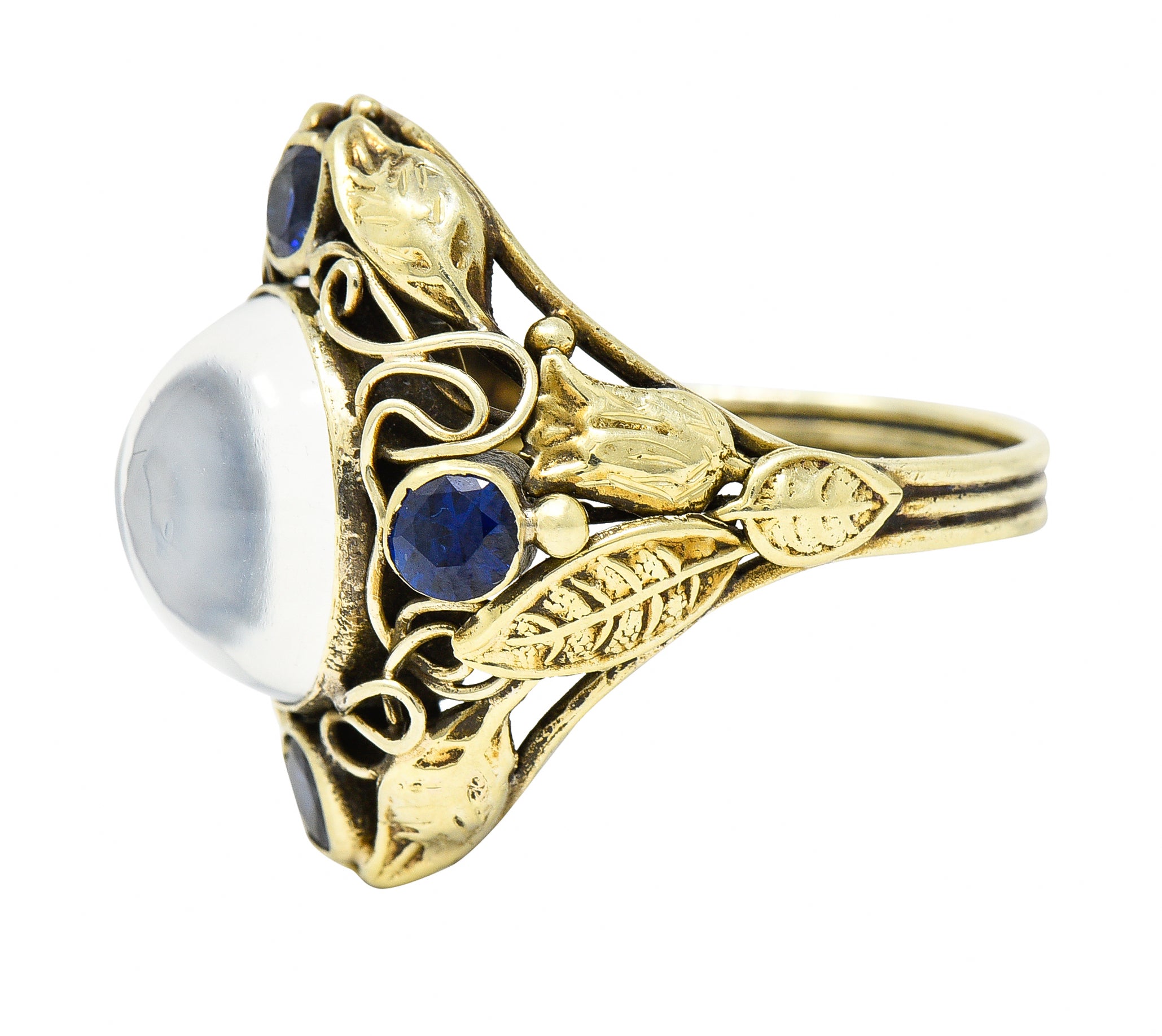 Arts & Crafts Moonstone 1.00 CTW Sapphire 14 Karat Green Gold Floral RingRing - Wilson's Estate Jewelry