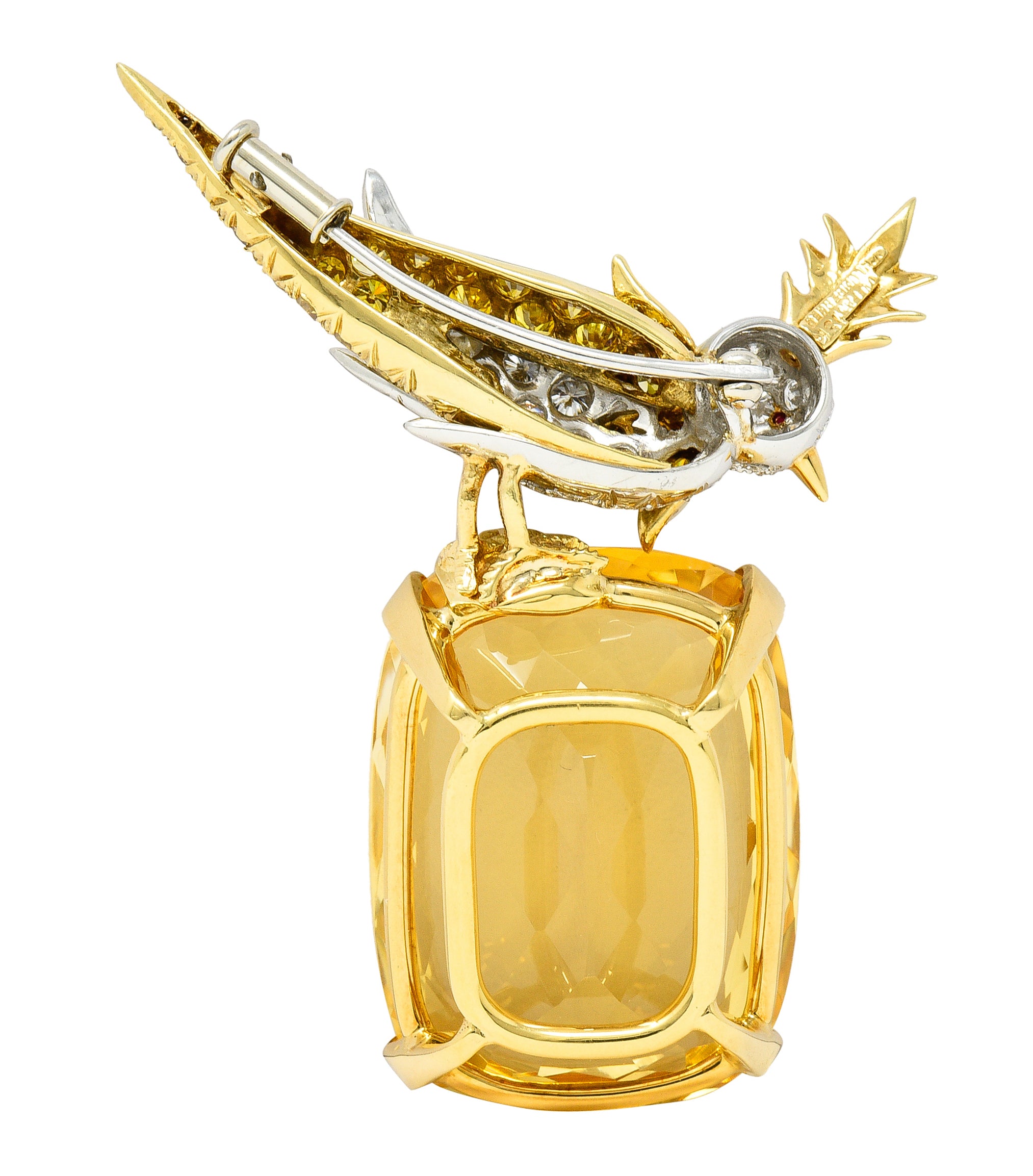 Schlumberger Tiffany & Co. Citrine Yellow Diamond Ruby Platinum 18 Karat Yellow Gold Vintage Bird On A Rock Brooch Wilson's Estate Jewelry