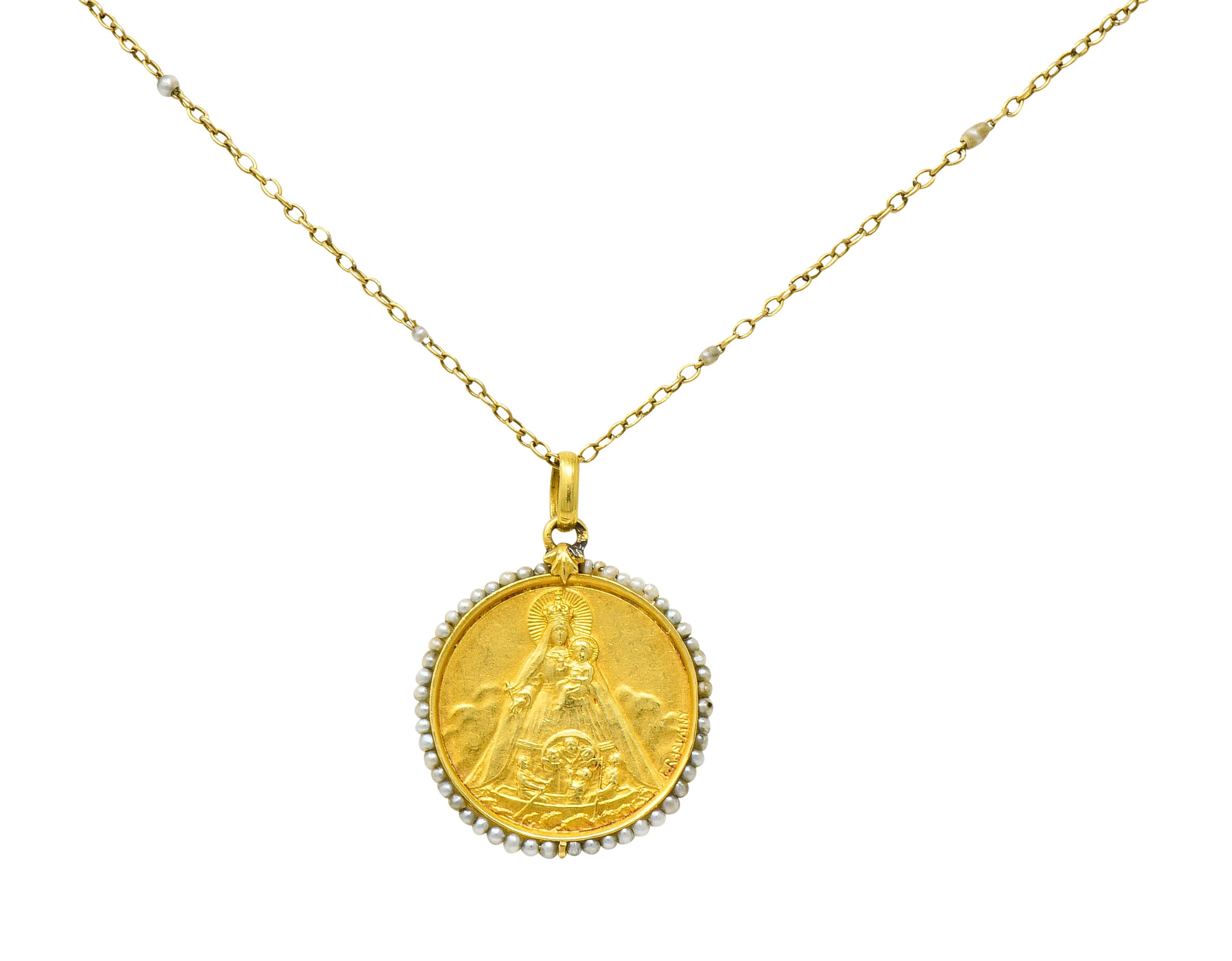 Felix Rasumny Art Nouveau Natural Freshwater Seed Pearl 18 Karat Gold Religious Medal NecklaceNecklace - Wilson's Estate Jewelry