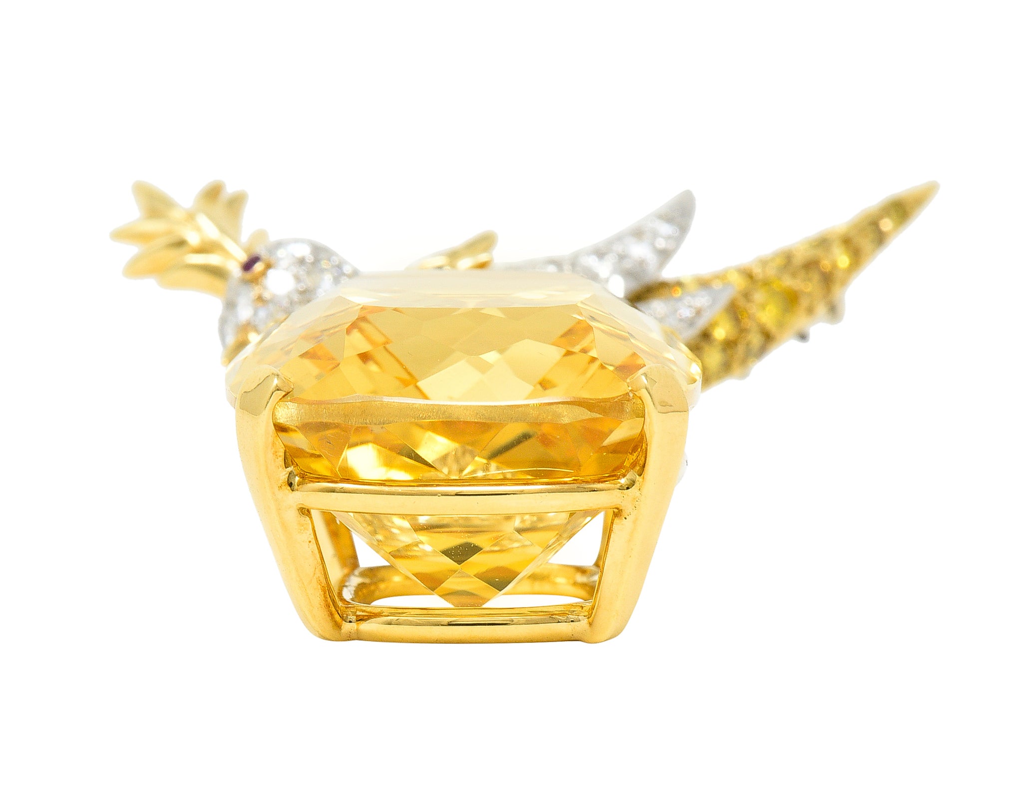 Schlumberger Tiffany & Co. Citrine Yellow Diamond Ruby Platinum 18 Karat Yellow Gold Vintage Bird On A Rock Brooch Wilson's Estate Jewelry