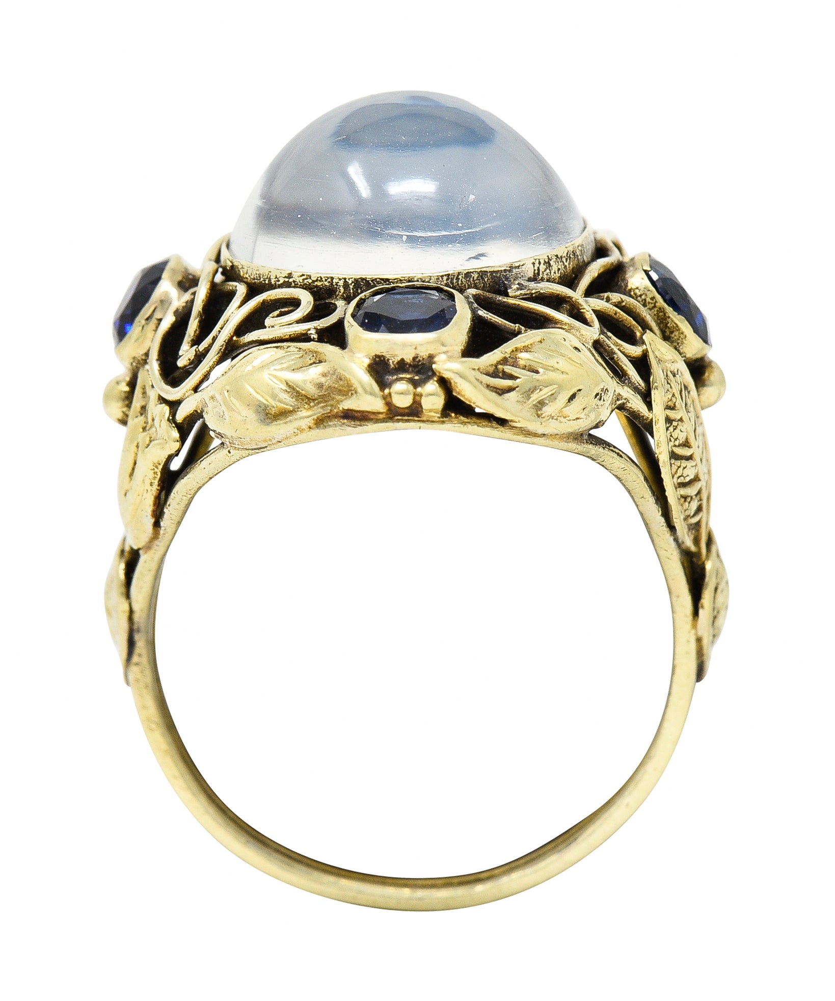 Arts & Crafts Moonstone 1.00 CTW Sapphire 14 Karat Green Gold Floral RingRing - Wilson's Estate Jewelry