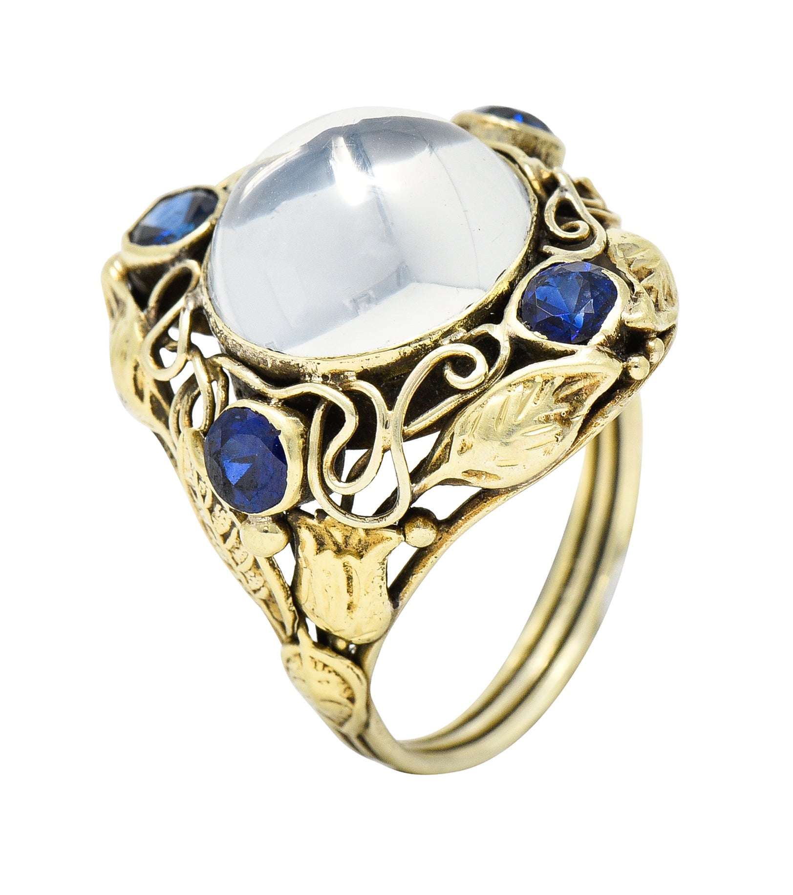 Arts & Crafts Moonstone 1.00 CTW Sapphire 14 Karat Green Gold Floral RingRing - Wilson's Estate Jewelry