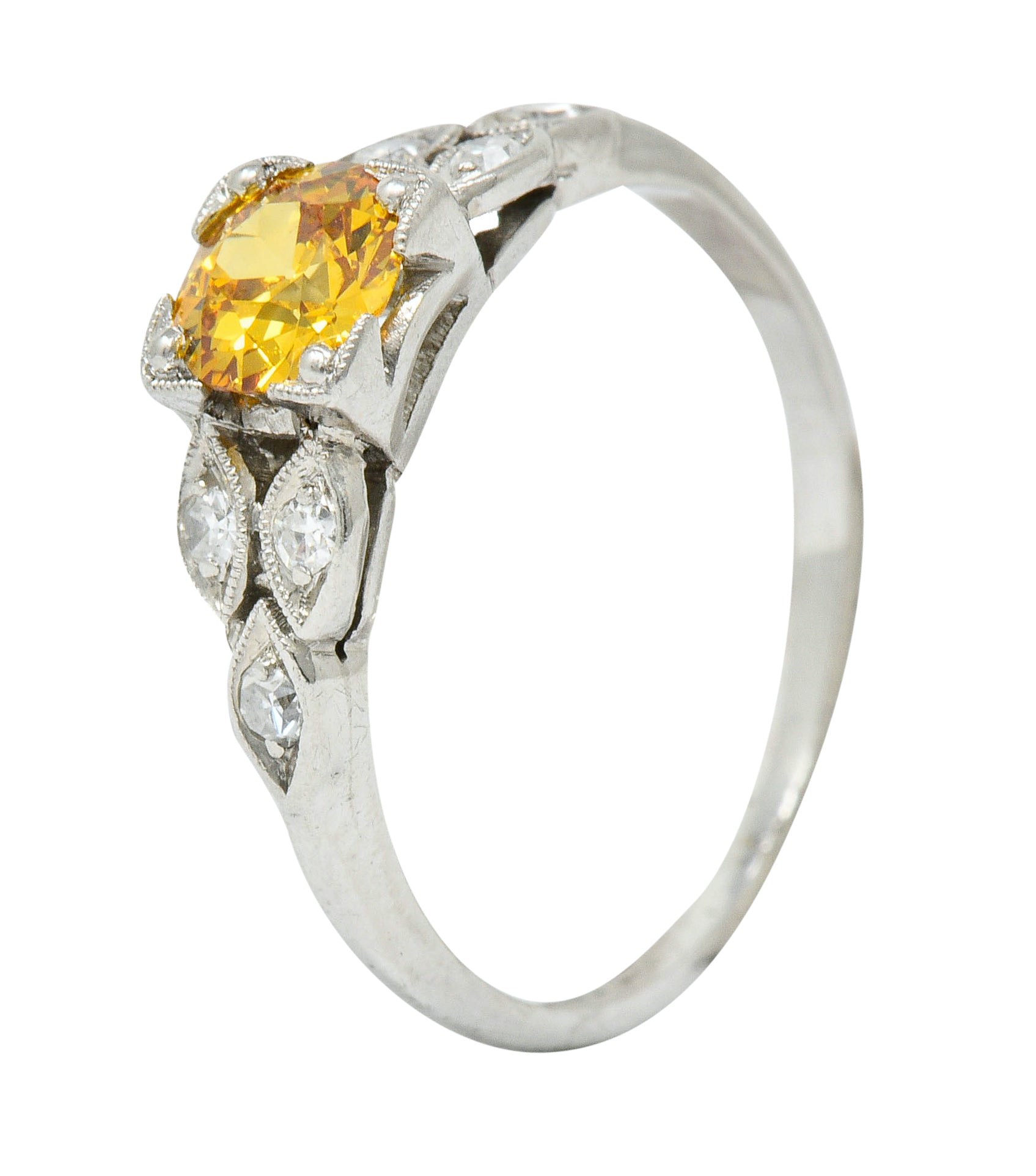 Retro 0.60 CTW Orange-Yellow & White Diamond Platinum Engagement Ring GIARing - Wilson's Estate Jewelry