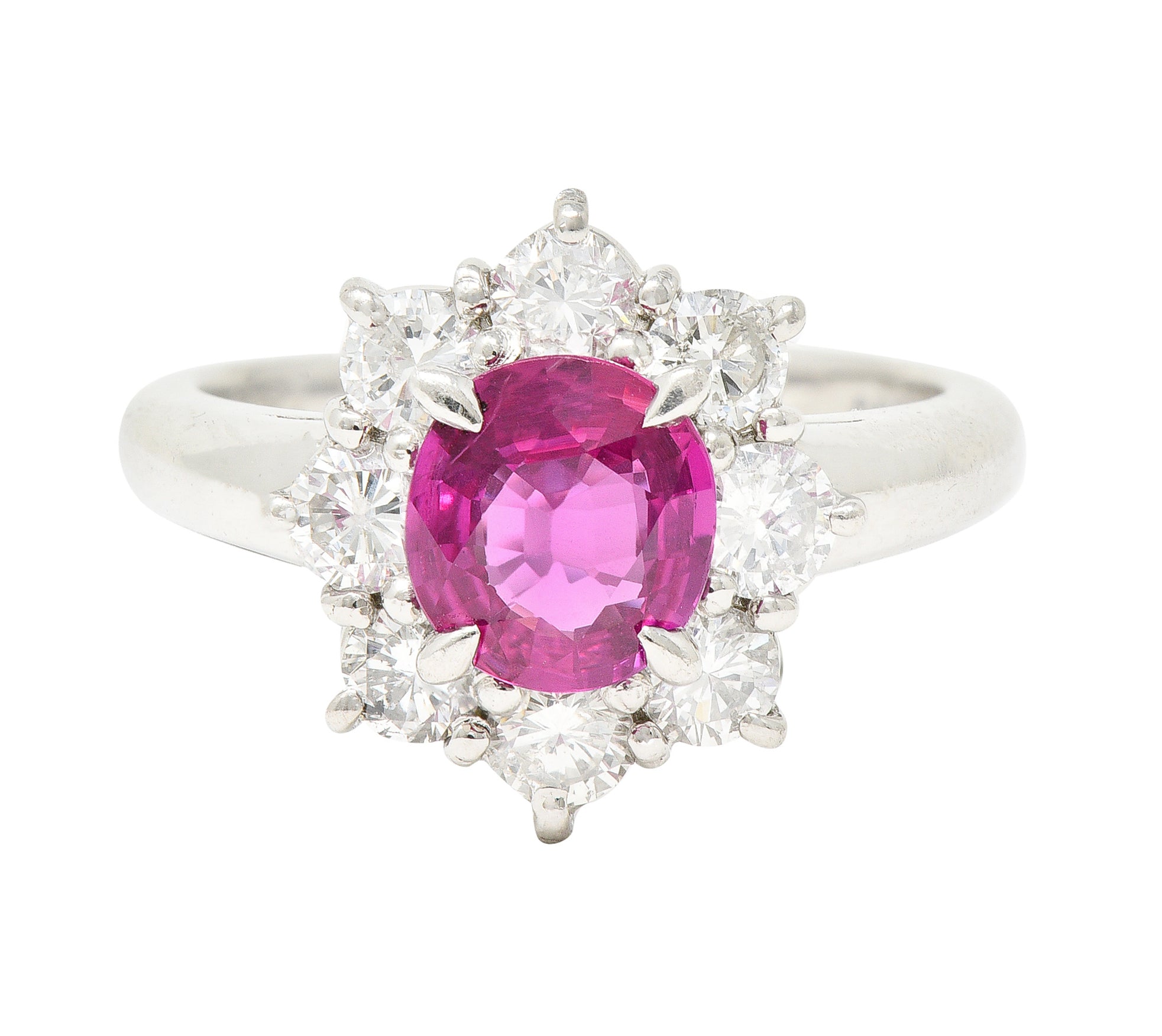 Contemporary 1.89 CTW Oval Cut Ruby Diamond Platinum Cluster Ring Wilson's Estate Jewelry