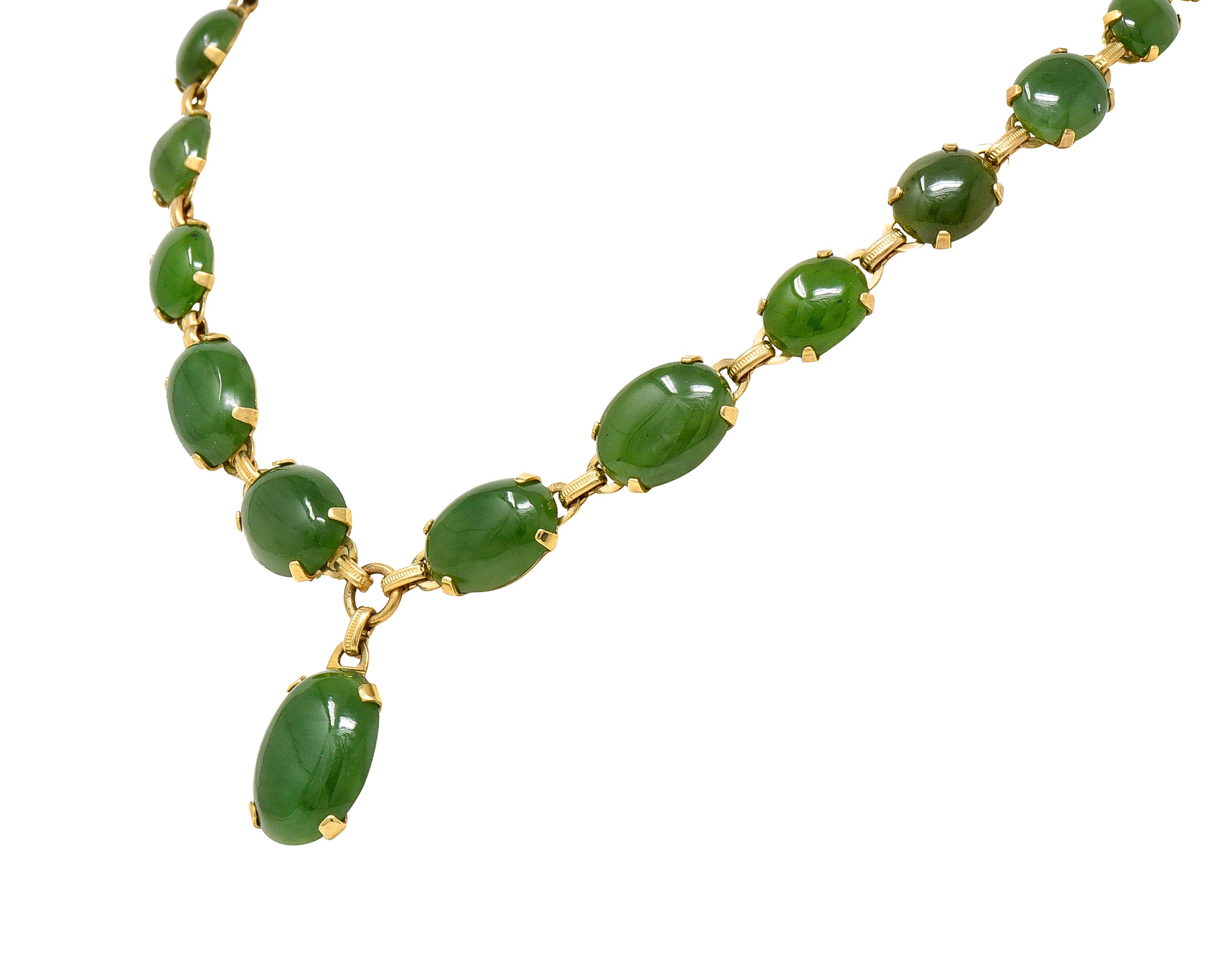 Engel Brothers Art Deco Nephrite Jade 14 Karat Yellow Gold Drop Necklace Wilson's Estate Jewelry