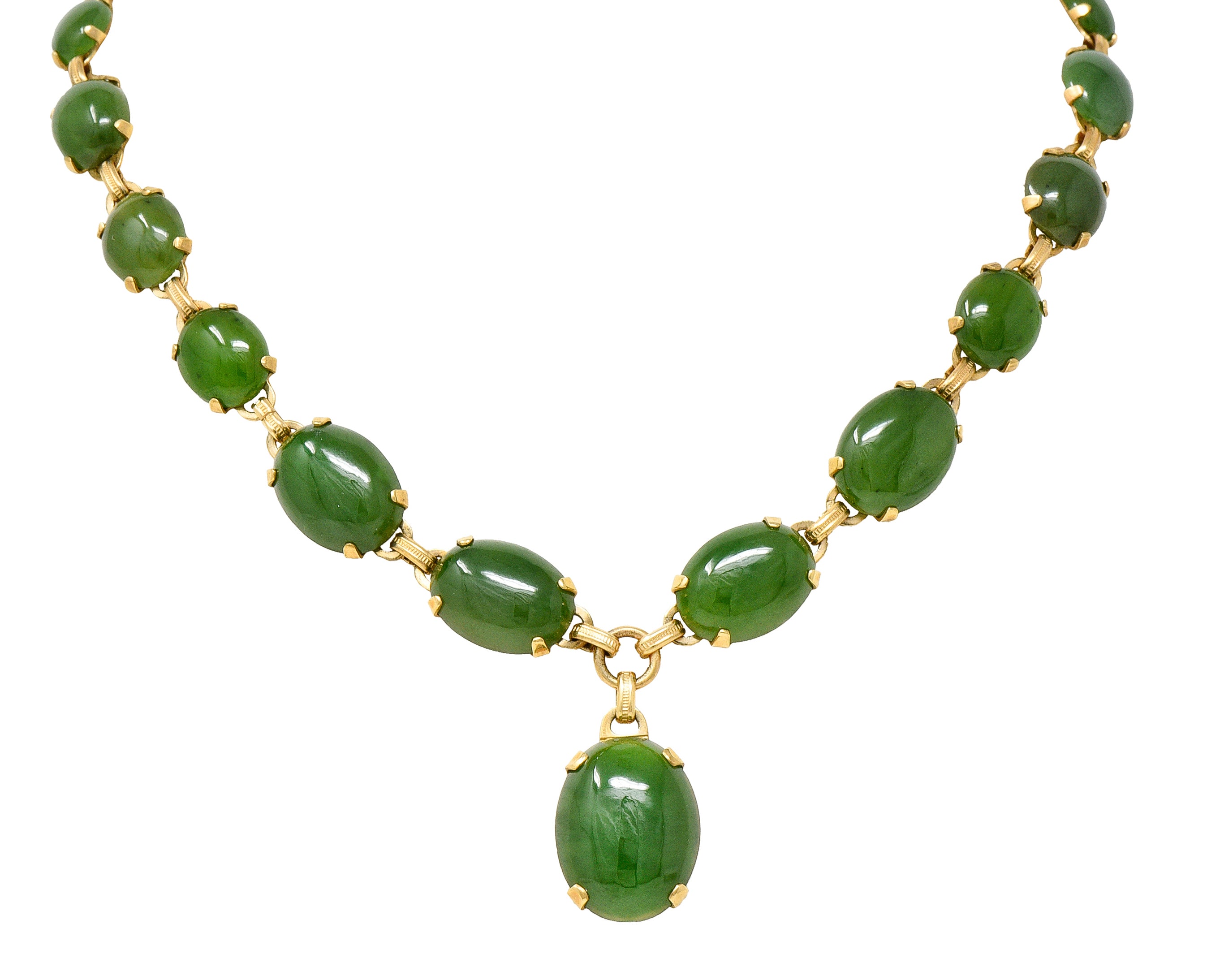 Engel Brothers Art Deco Nephrite Jade 14 Karat Yellow Gold Drop Necklace Wilson's Estate Jewelry