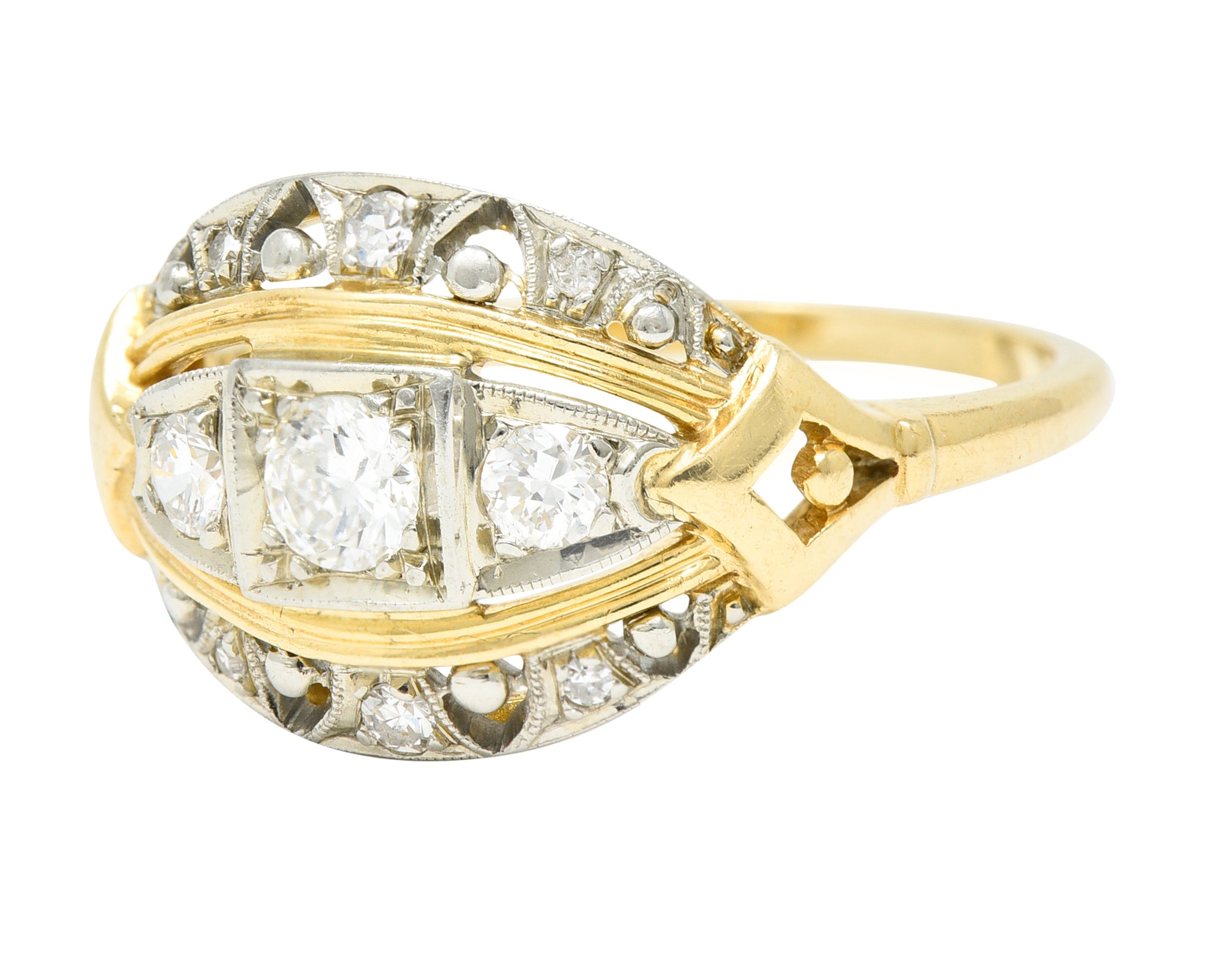 Jabel Art Deco Transitional Cut Diamond 14 Karat Two-Tone Gold Three Stone Bombay Band Ring Wilson's Estate Jewelry