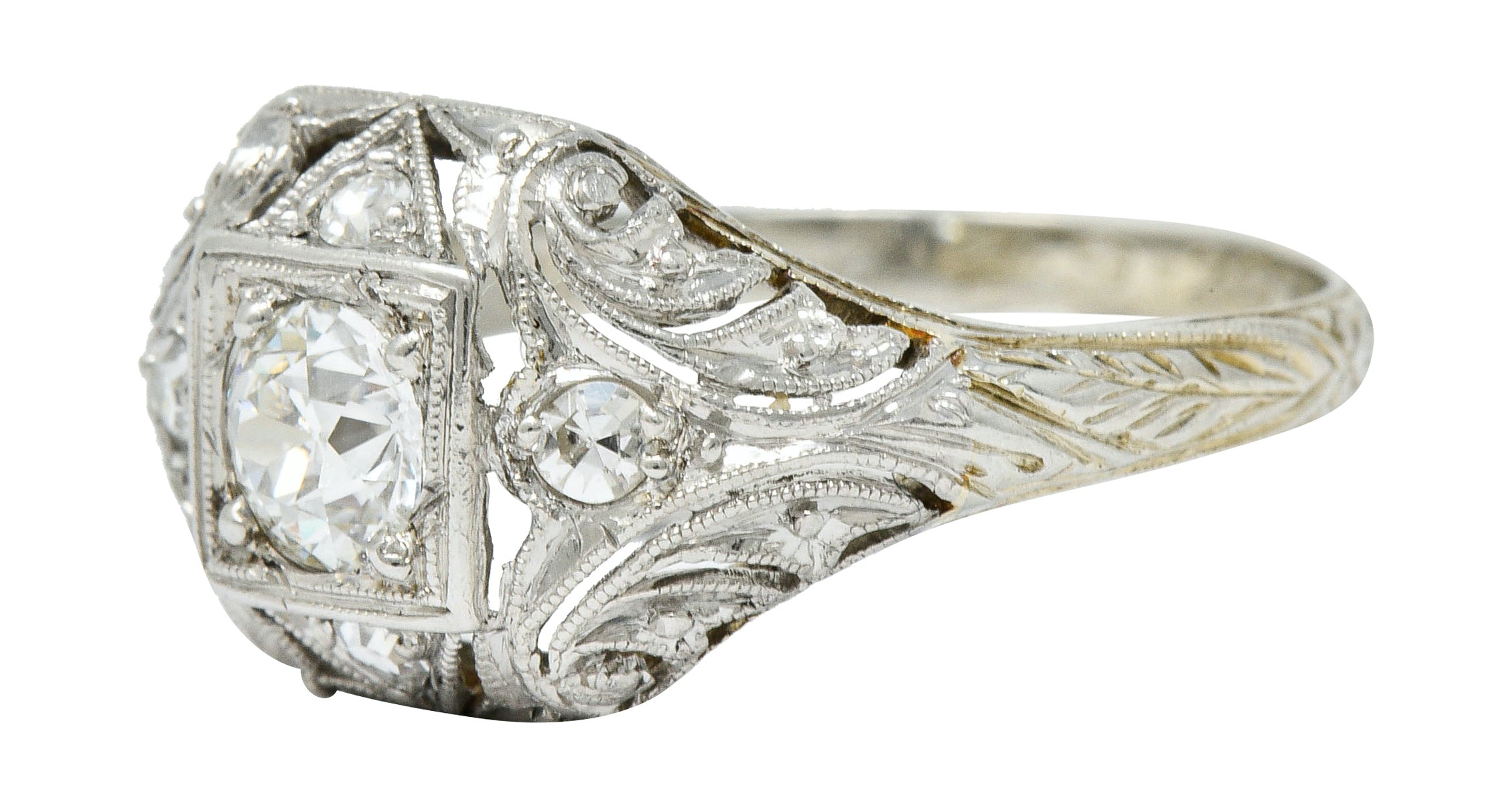 1929 Art Deco 0.45 CTW Diamond Platinum-Topped 18 Karat White Gold Foliate RingRing - Wilson's Estate Jewelry