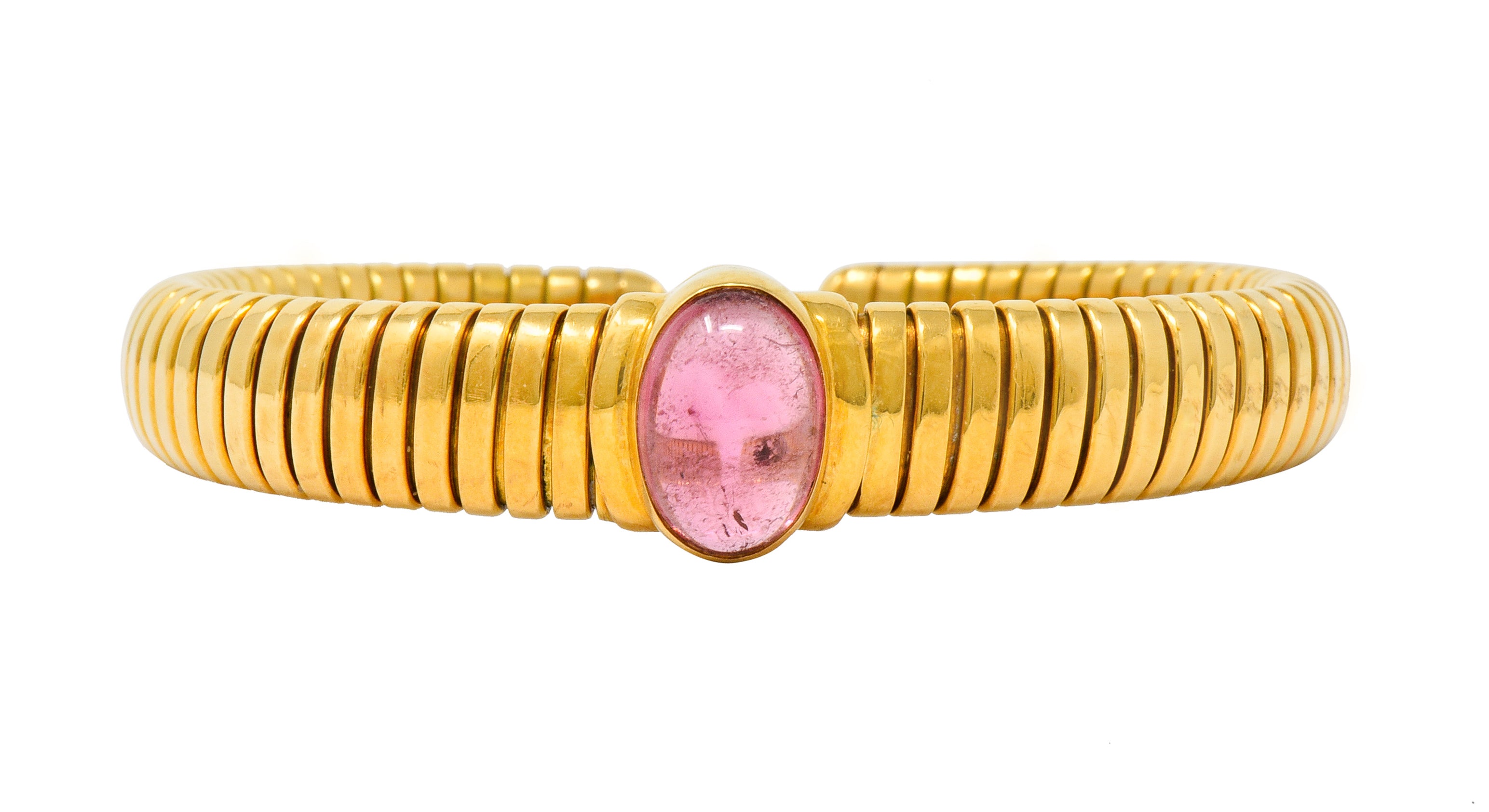 Bulgari Vintage Pink Tourmaline 18 Karat Gold Tubogas Cuff Bracelet - Wilson's Estate Jewelry