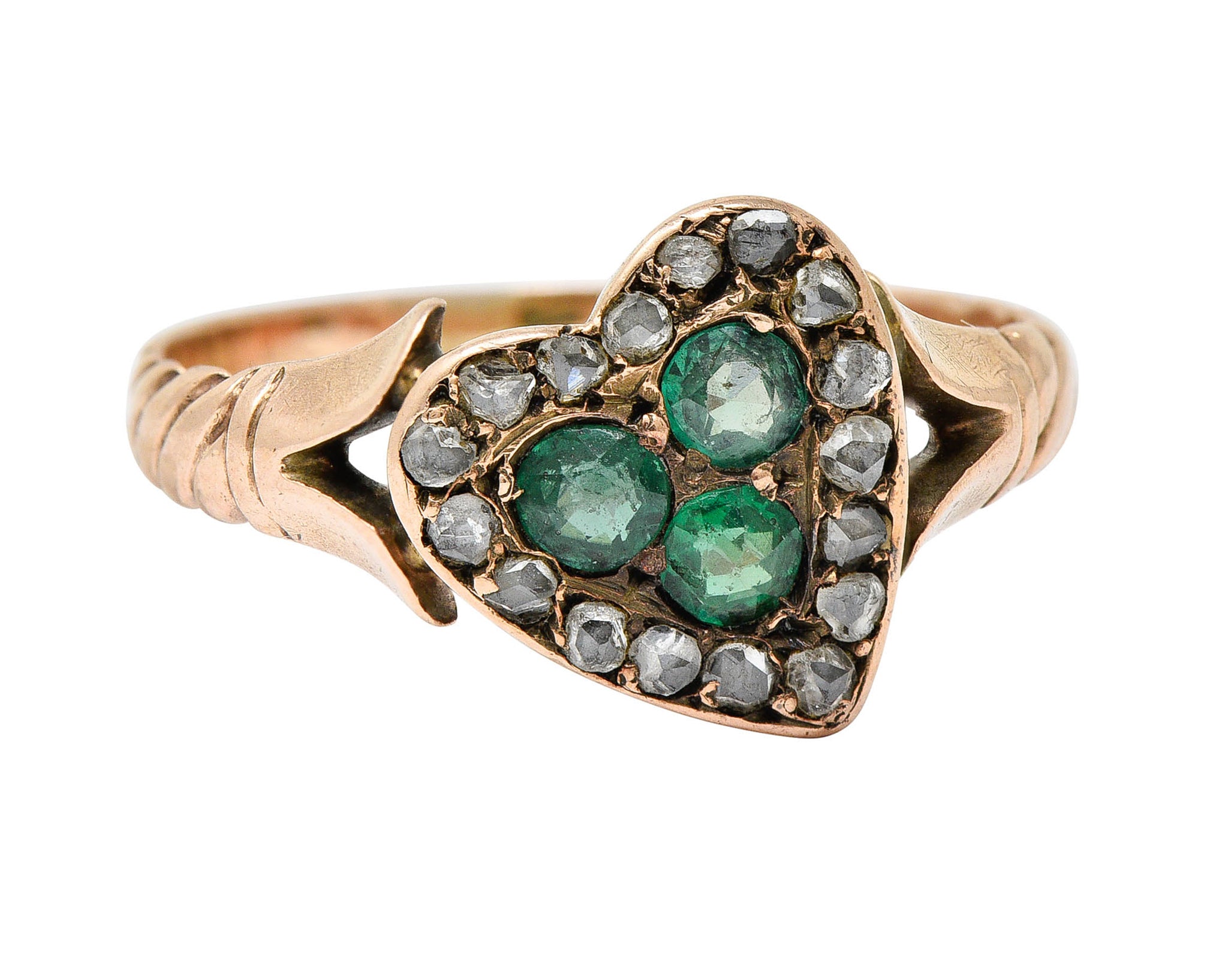 Victorian Diamond & Green Paste 14 Karat Rose Gold Heart RingRing - Wilson's Estate Jewelry