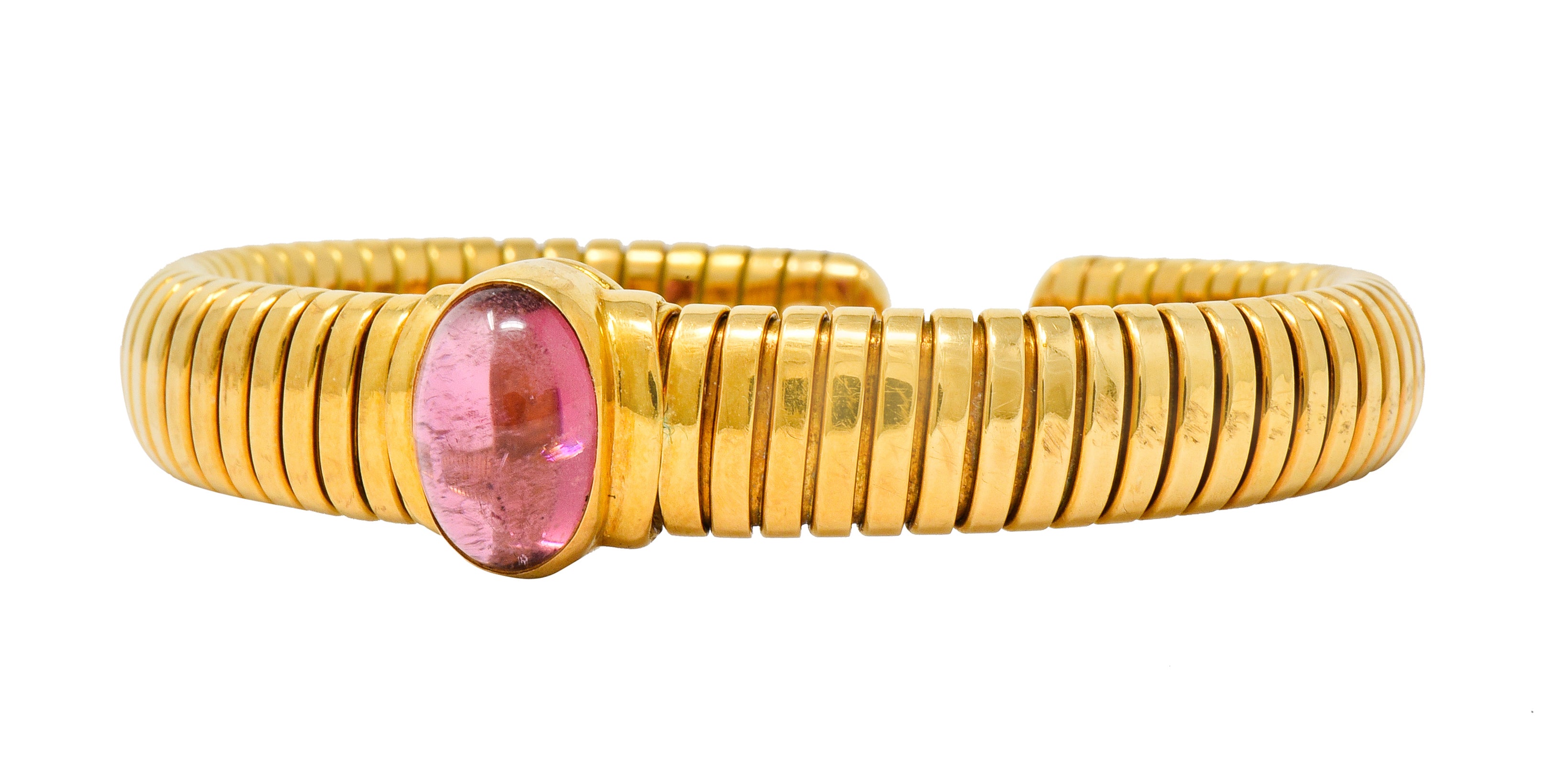 Bulgari Vintage Pink Tourmaline 18 Karat Gold Tubogas Cuff Bracelet - Wilson's Estate Jewelry