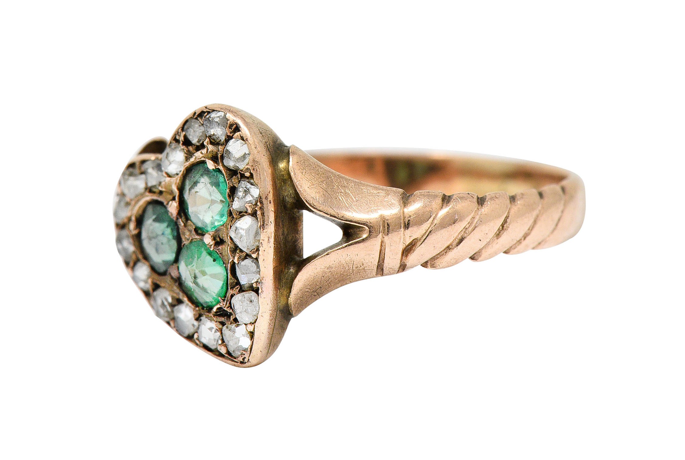 Victorian Diamond & Green Paste 14 Karat Rose Gold Heart RingRing - Wilson's Estate Jewelry