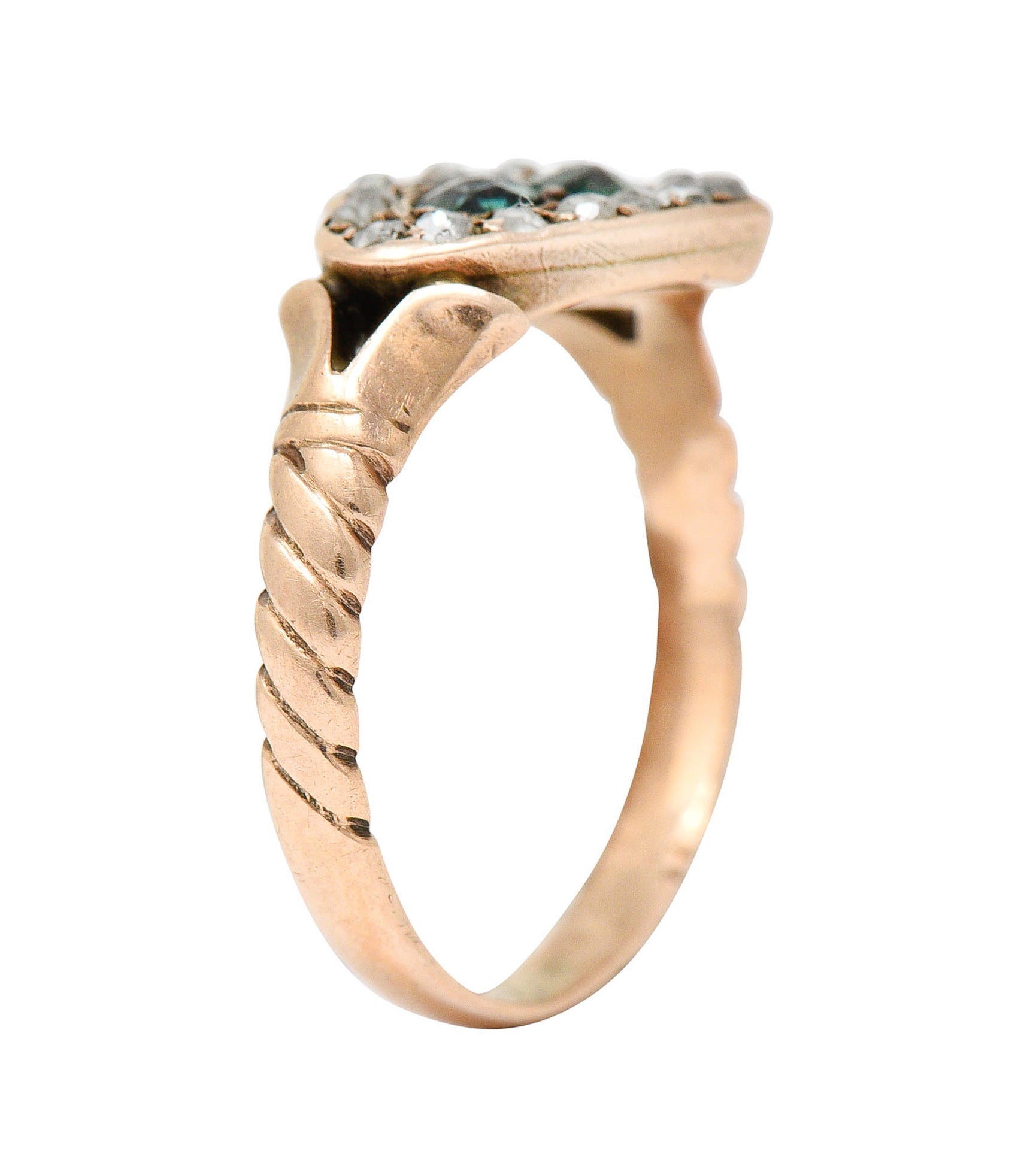 Victorian Diamond & Green Paste 14 Karat Rose Gold Heart RingRing - Wilson's Estate Jewelry