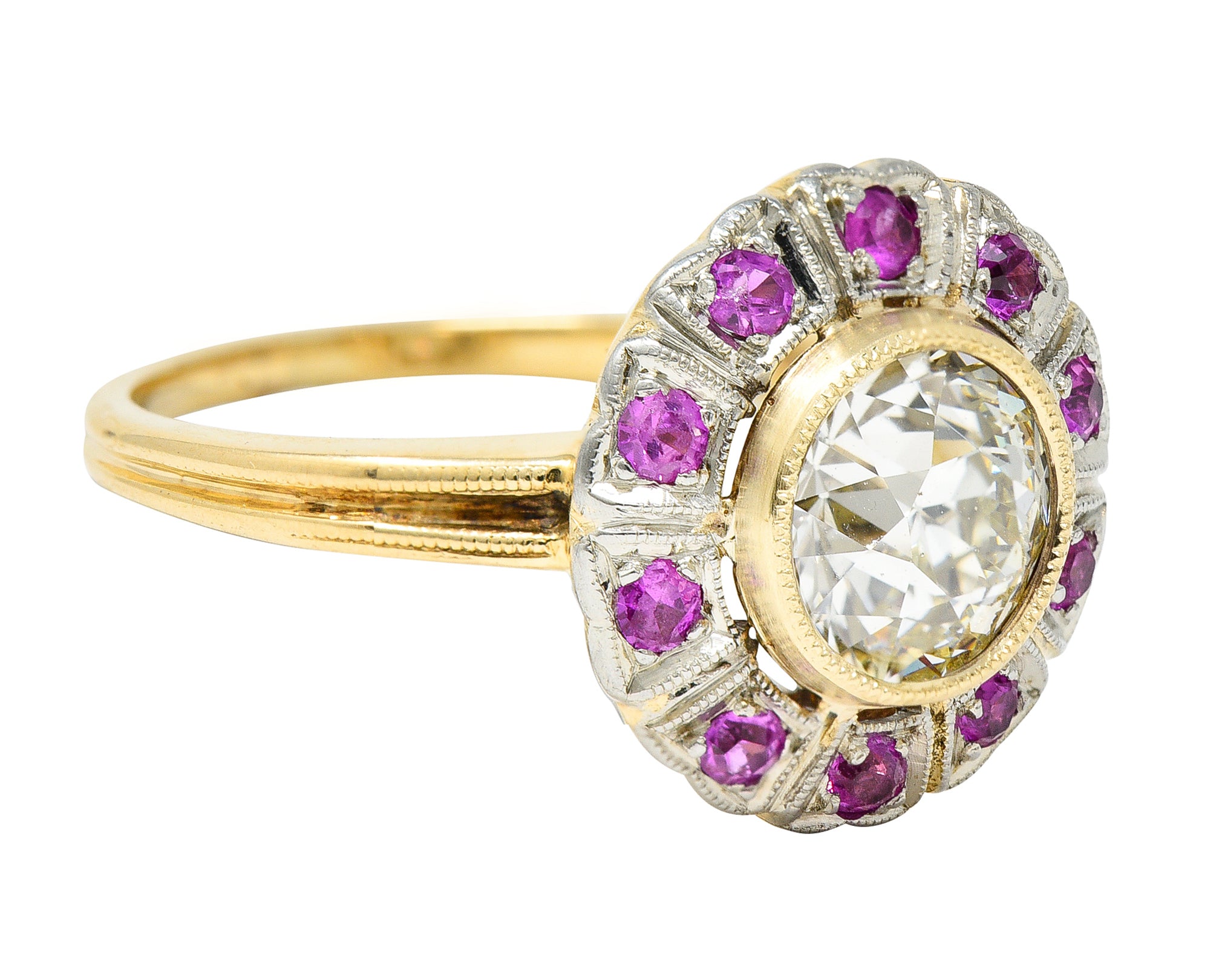 Edwardian 1.49 CTW Old European Diamond Ruby Platinum-Topped 14 Karat Yellow Gold Halo Antique Engagement Ring GIA Wilson's Estate Jewelry