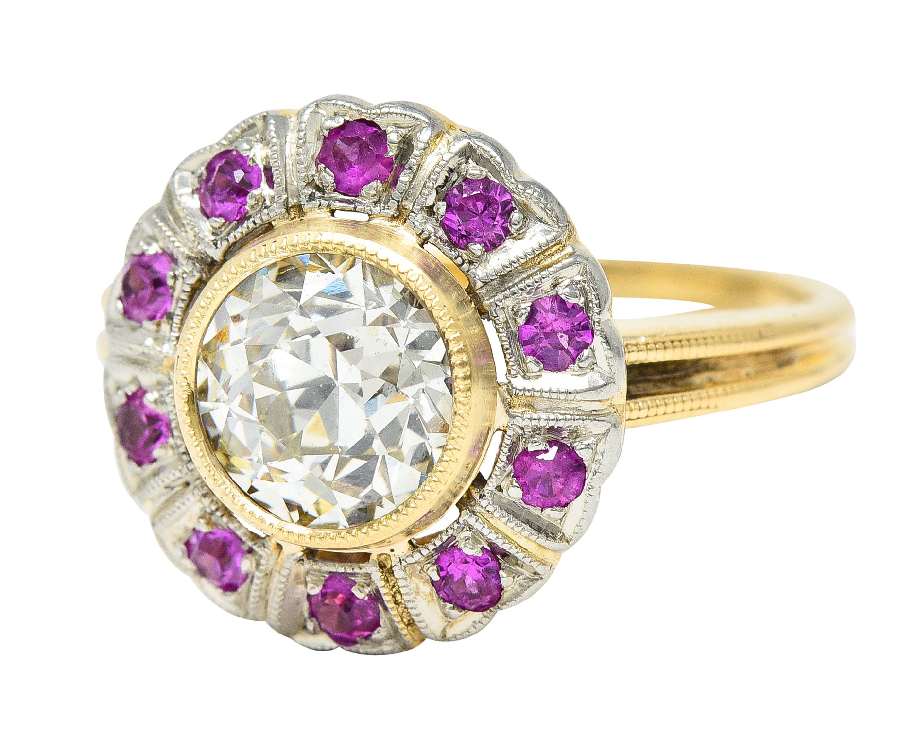 Edwardian 1.49 CTW Old European Diamond Ruby Platinum-Topped 14 Karat Yellow Gold Halo Antique Engagement Ring GIA Wilson's Estate Jewelry