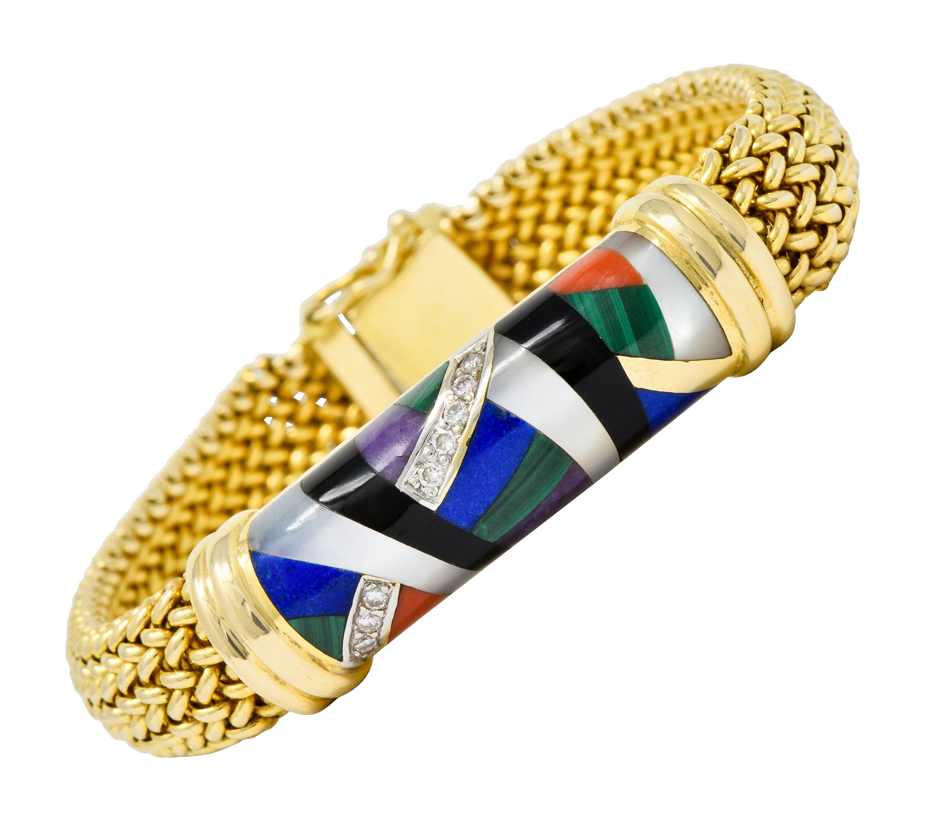 Asch Grossbardt Vintage Diamond Gemstone Inlay 14 Karat Gold Mesh Bracelet - Wilson's Estate Jewelry