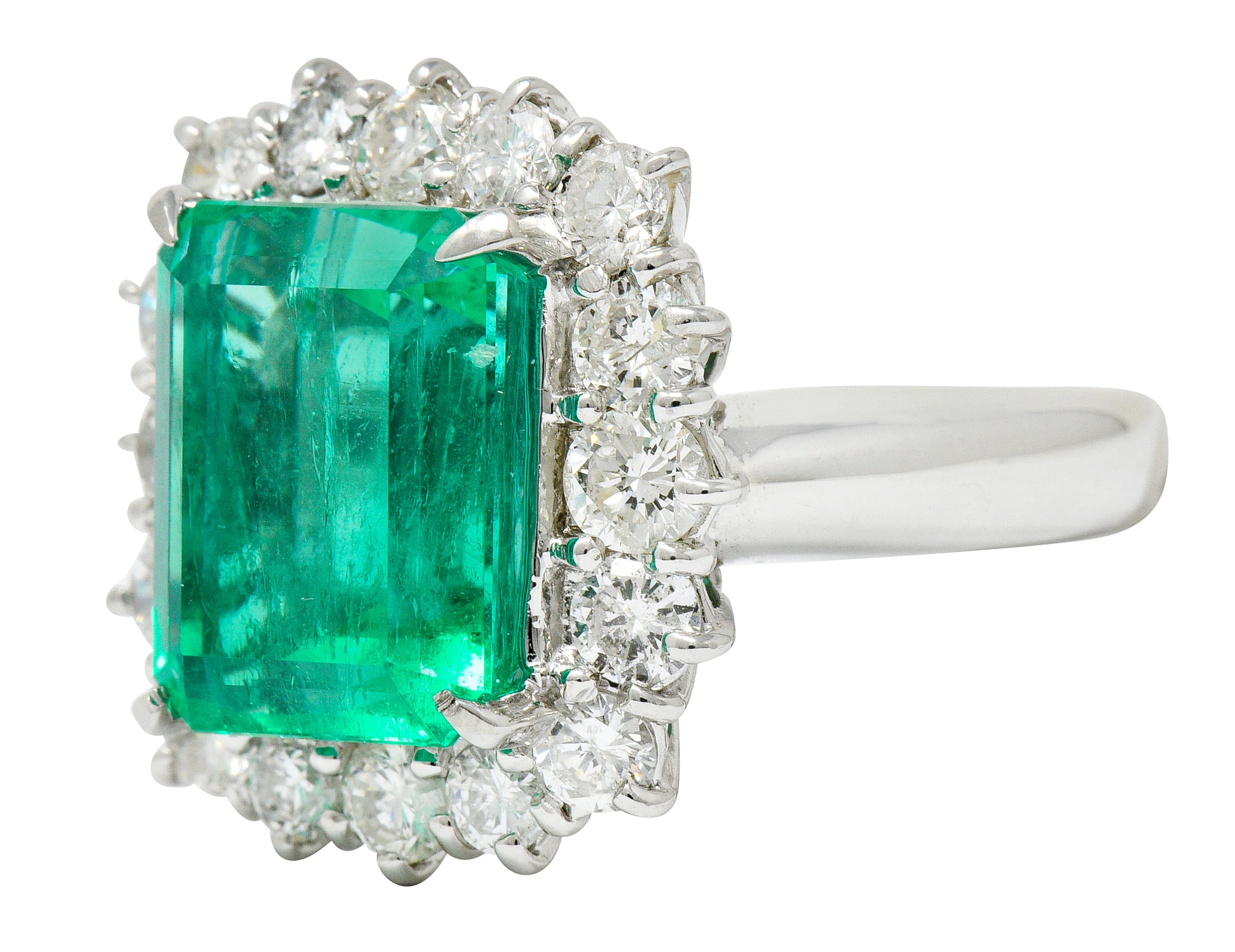 Vivid 7.70 CTW Colombian Emerald Diamond Platinum Cluster Ring GIARing - Wilson's Estate Jewelry