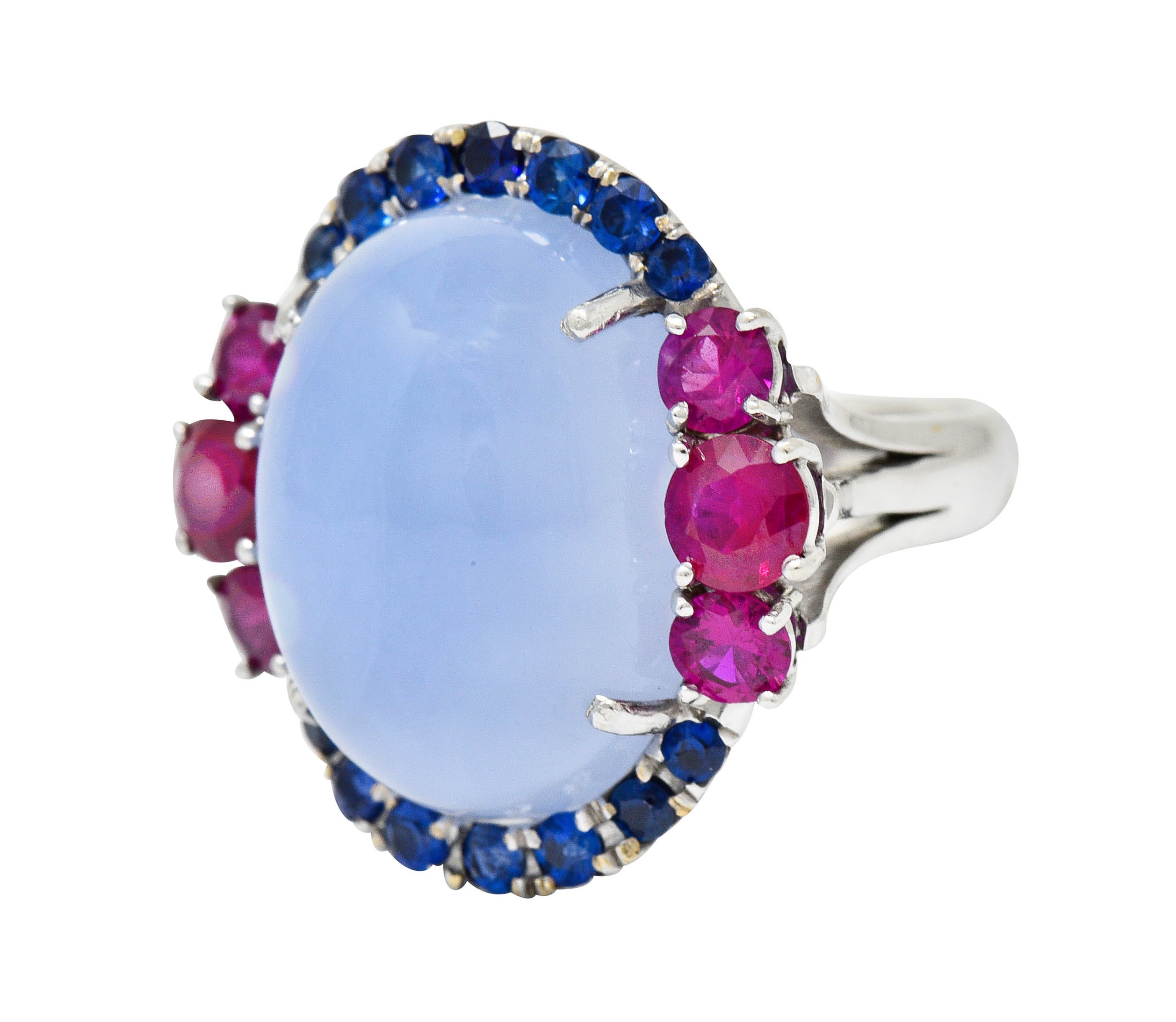 Vintage Blue Chalcedony 2.55 CTW Ruby Sapphire 18 Karat White Gold Cocktail RingRing - Wilson's Estate Jewelry